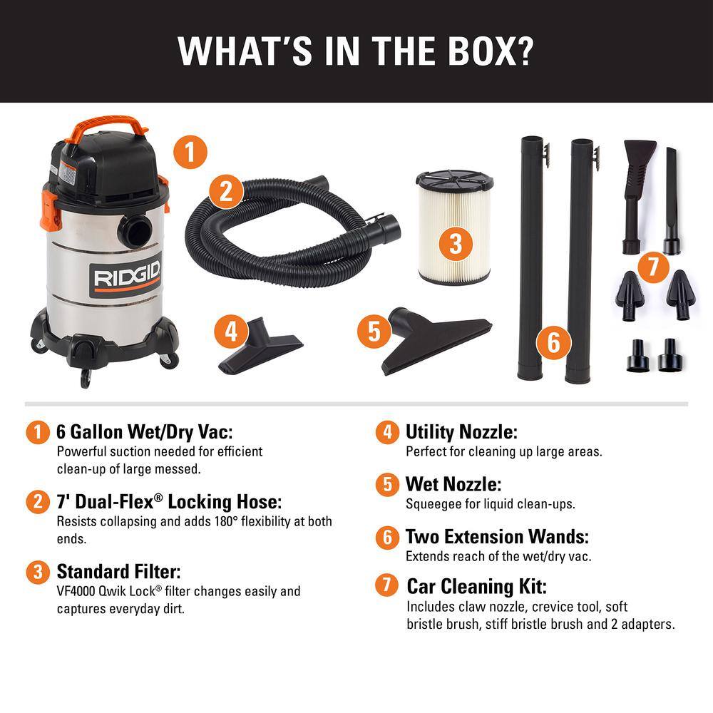 RIDGID WD6425B 6 Gal. 4.25-Peak HP Stainless Steel Wet/Dry Shop Vacuum with Filter. Hose. Accessories and Car Cleaning Attachment Kit