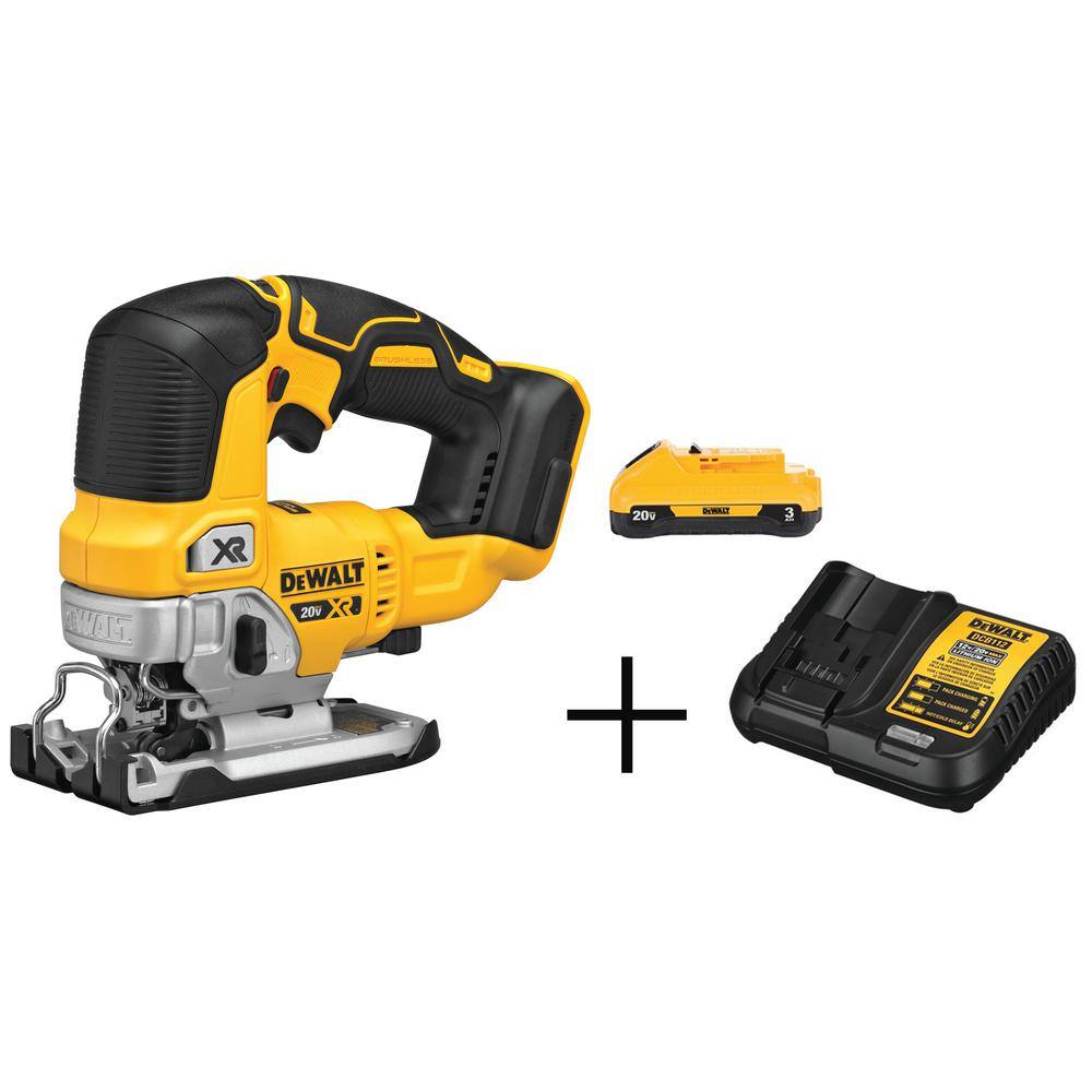 DEWALT  20V MAX XR Cordless Brushless Jigsaw. (1) 20V MAX Compact Lithium-Ion 3.0Ah Battery. and 12V-20V MAX Charger
