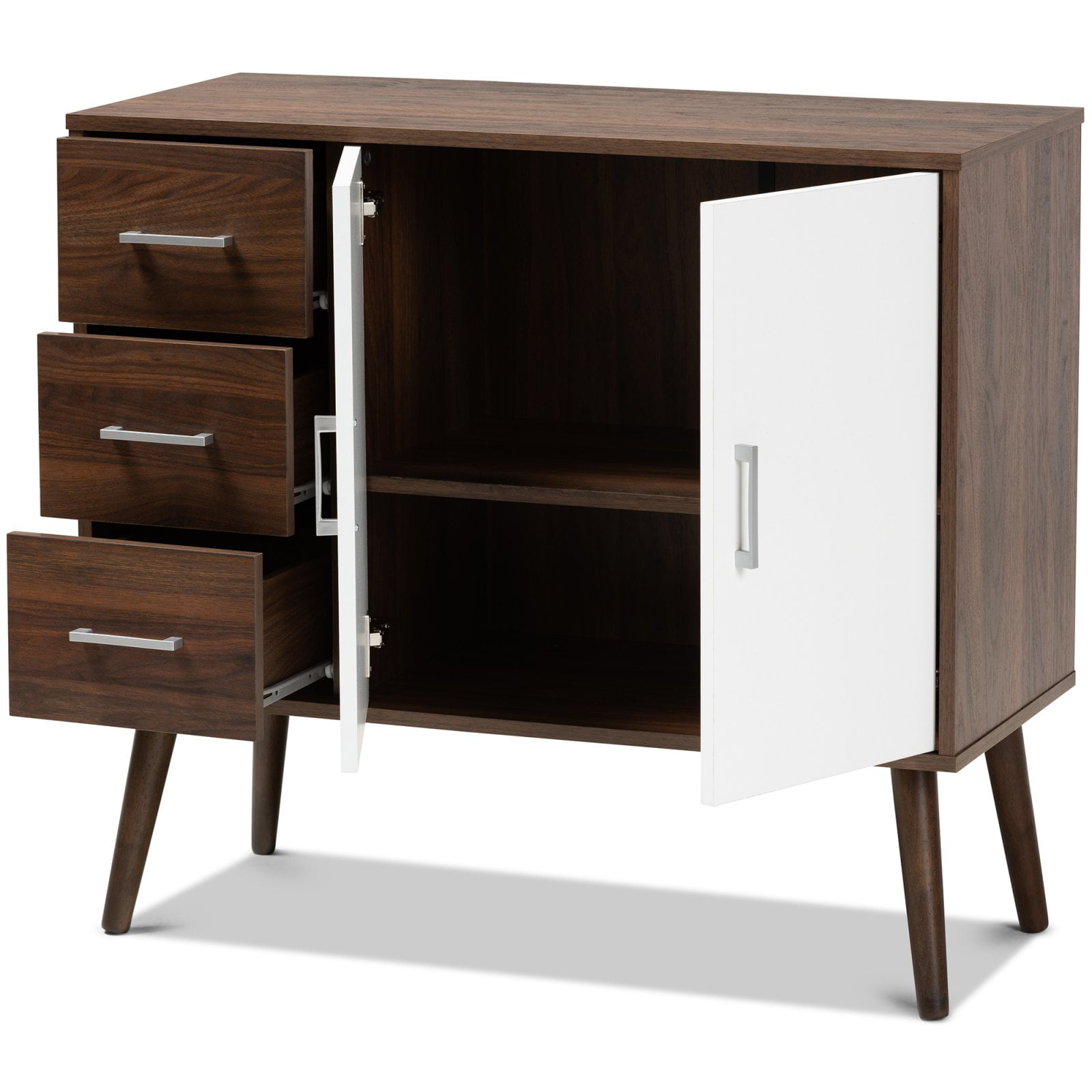 Leena Mid-Century Modern Two-Tone White and Walnut Brown Finished Wood 3-Drawer Sideboard Buffet