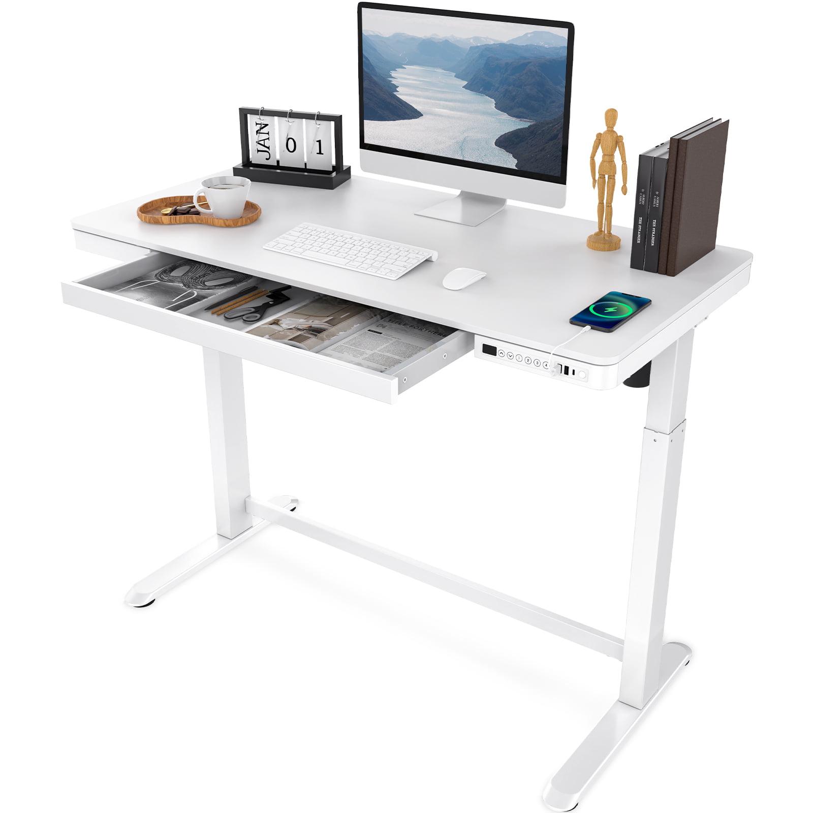 FLEXISPOT 48″ W Home Office Height Adjustable Standing Desk White Chipboard Top with USB Charge Ports. Drawer