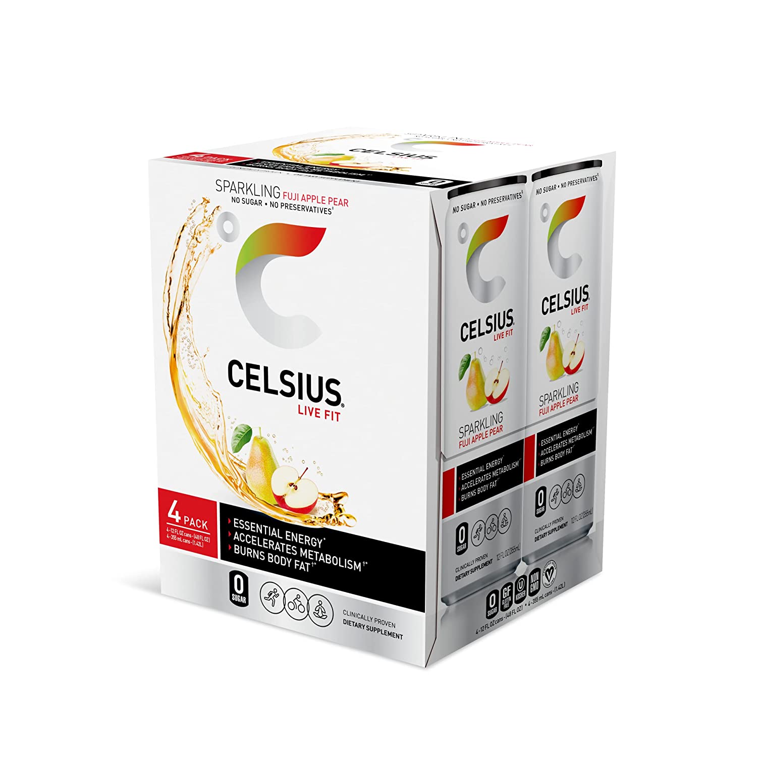 CELSIUS Essential Energy Drink 12 Fl Oz. Sparkling Fuji Apple Pear (Pack of 24)