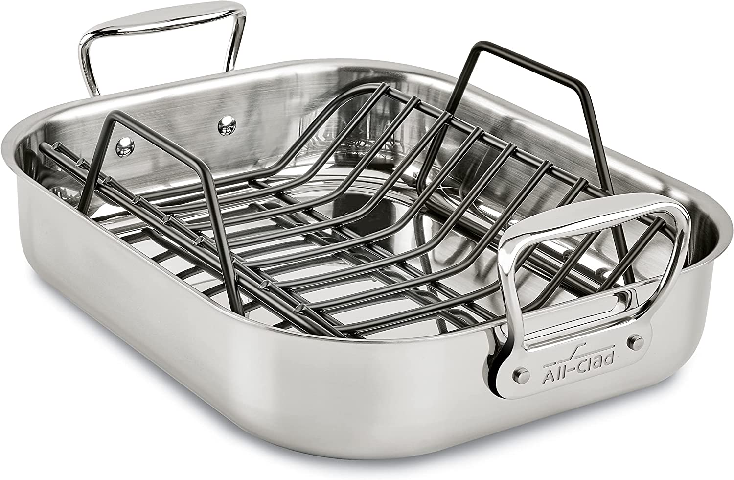 All-Clad Gourmet Stainless Steel Nonstick Roaster with Rack. 11 x 14 inch. Silver