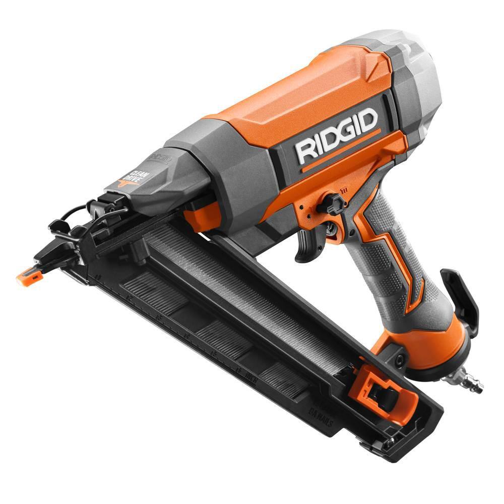 RIDGID R250AFF Pneumatic 15-Gauge 2-1/2 in. Angled Finish Nailer with CLEAN DRIVE Technology. Tool Bag. and Sample Nails