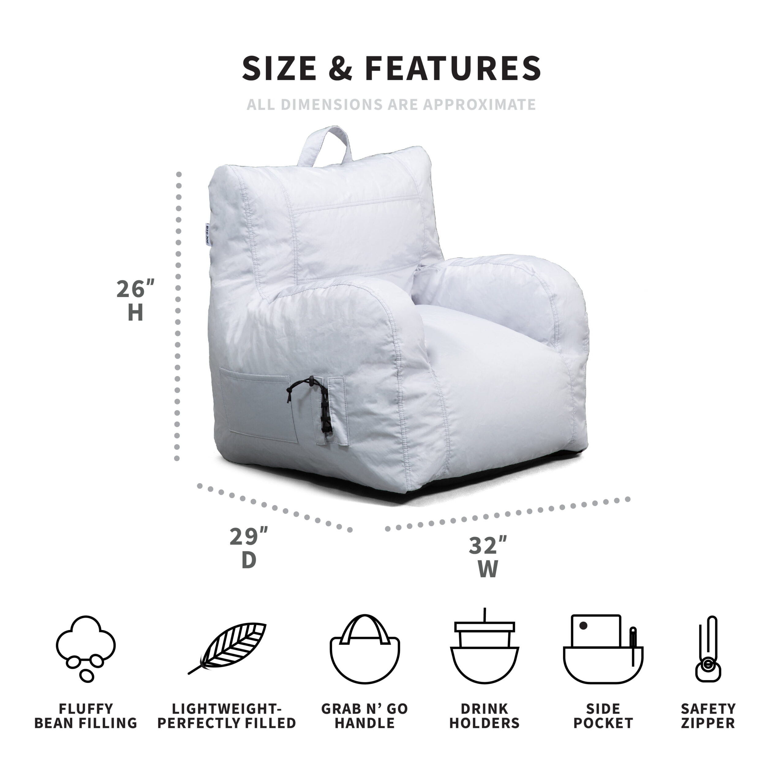 Big Joe Dorm Bean Bag Chair. Kids/Teens. Smartmax 3ft. Gray