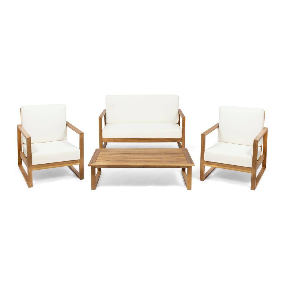 Noble House  Belgian Teak Brown 4-Piece Wood Patio Conversation Deep Seating Set with Beige Cushions