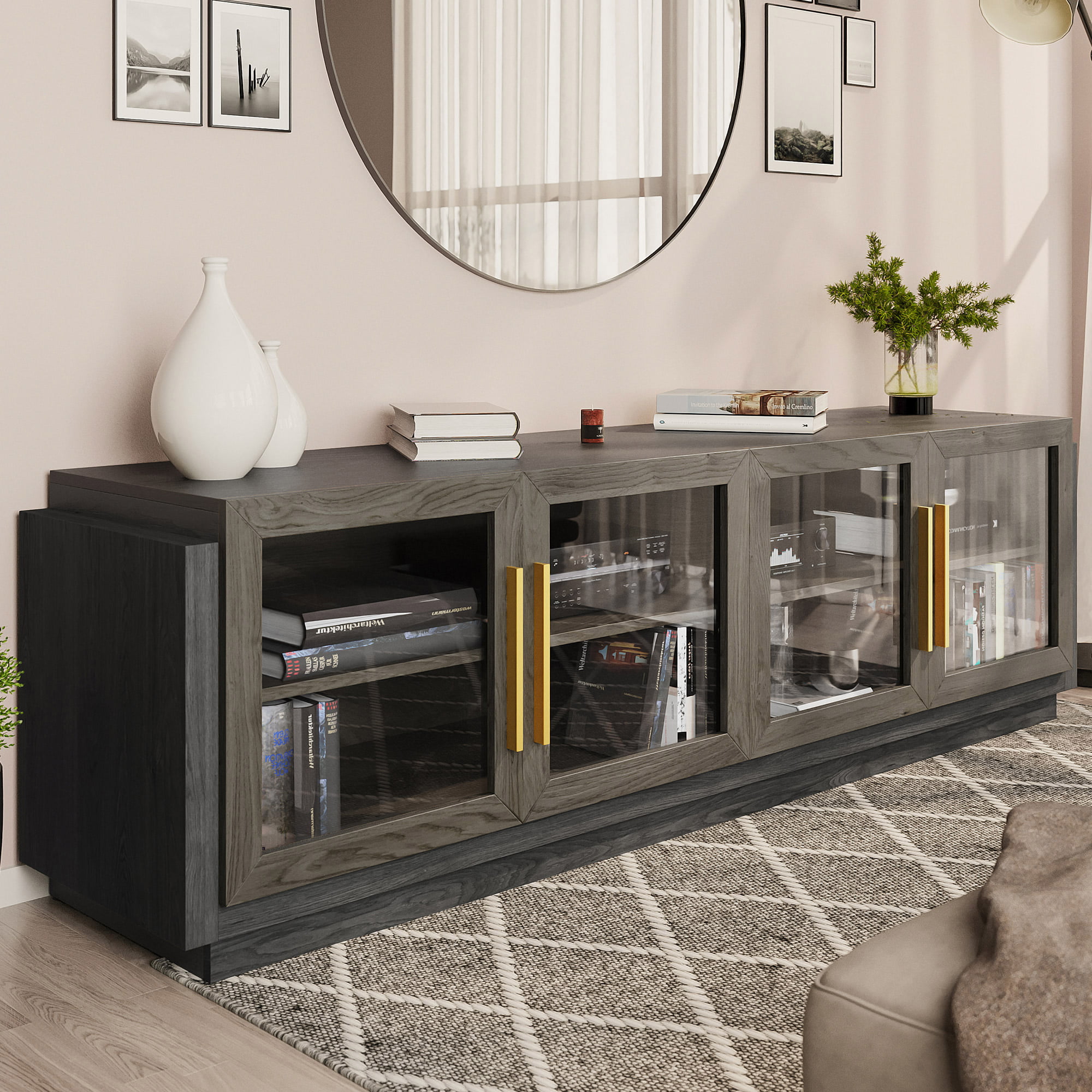 BELLEZE 70″ TV Stand for TVs up to 75″. Modern TV Stand & Entertainment Center with Shelves. Wood Storage Cabinet. Brown