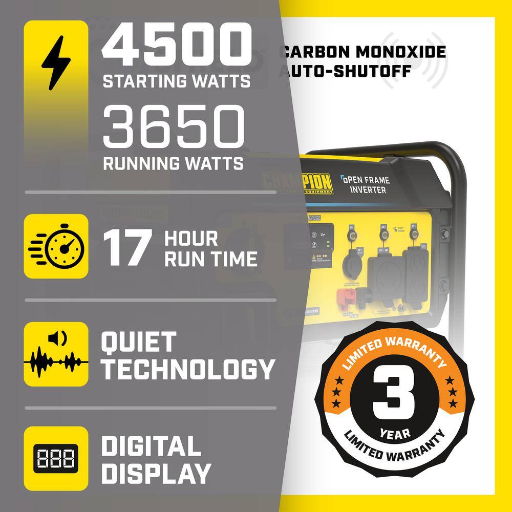 Champion Power Equipment 201049 4500-Watt Recoil Start Gasoline Powered Open Frame Inverter Generator with CO Shield