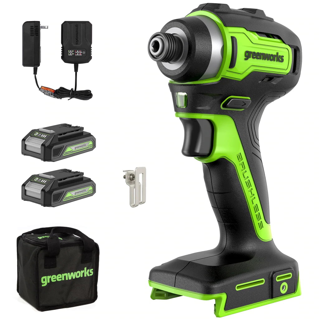 Greenworks 24V Brushless 1/4-inch 1900 in./lbs. Impact Driver with (2) 2.0 Ah Batteries & Charger. Bonus Tool Bag