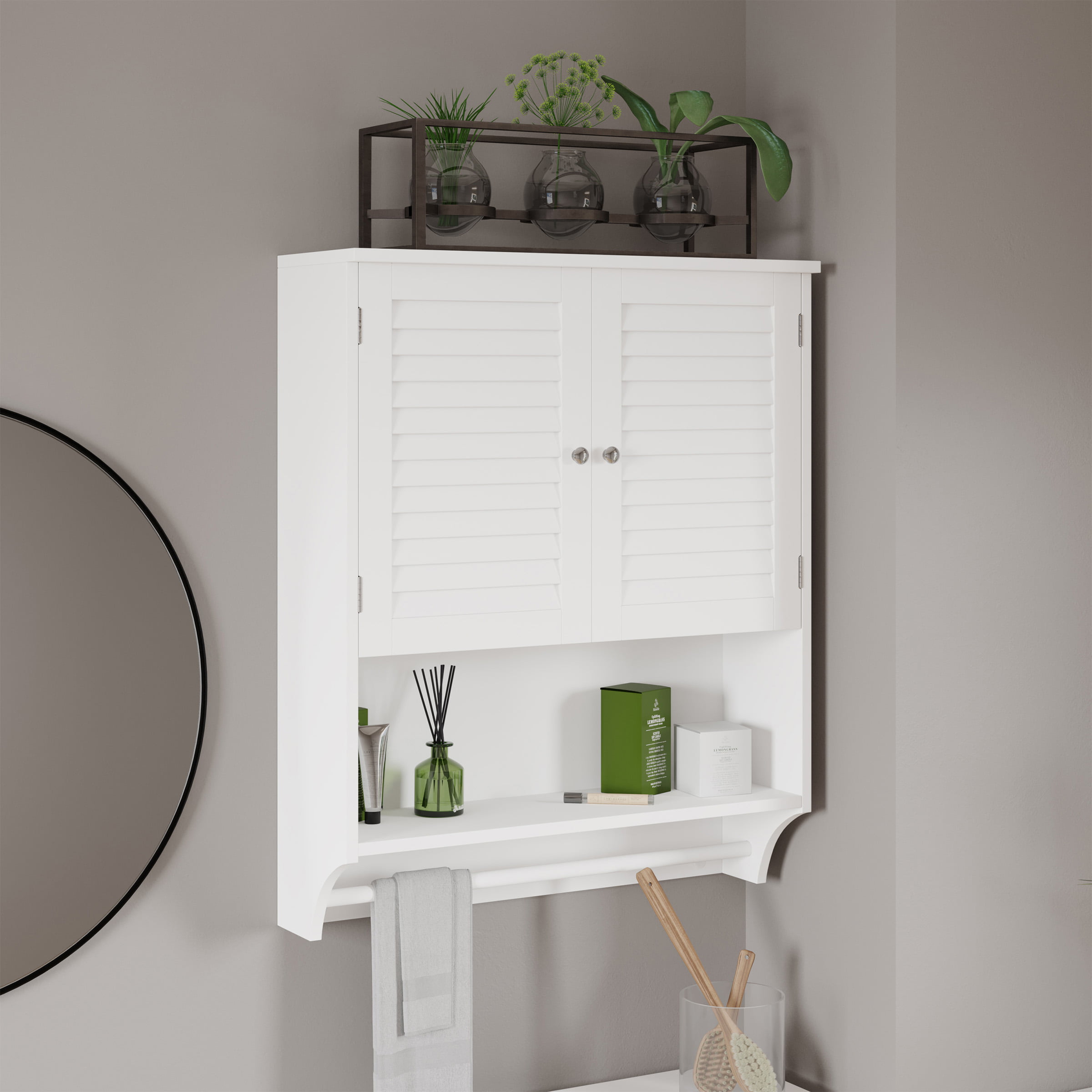 Lavish Home Wall-Mounted Bathroom Organizer with Shutter Doors and Towel Bar. White