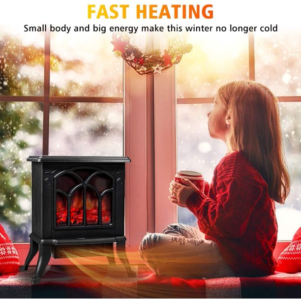 Vebreda Electric Fireplace-Indoor Freestanding Space Heater with Faux Log and Flame Effect. Black