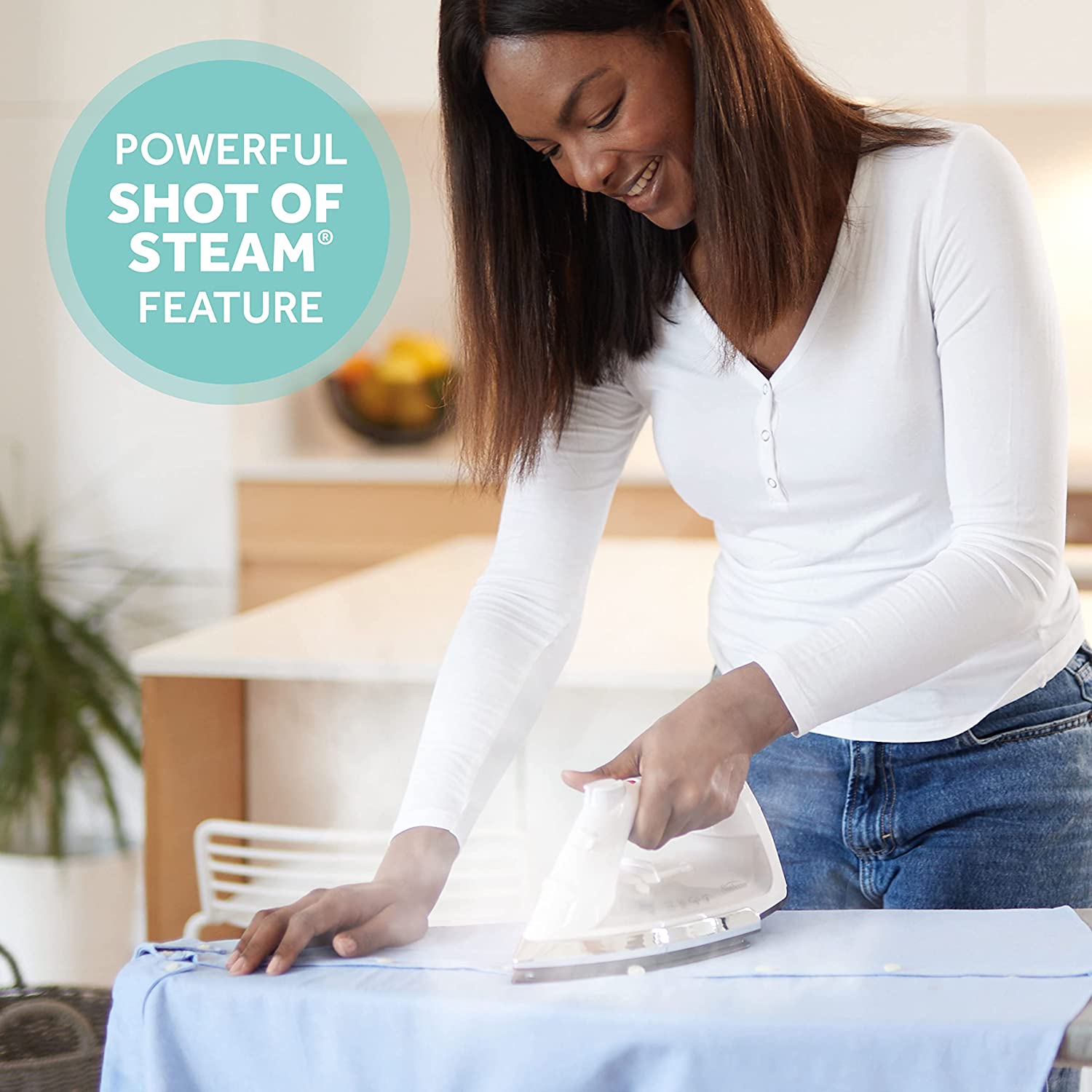 Sunbeam. White. GCSBC Classic 1200 Watt Mid-size Anti-Drip Non-Stick Soleplate Iron Steam/Vertical Shot feature and 8′ 360-degree Swivel Cord. Clear. GCSBCL-317-000