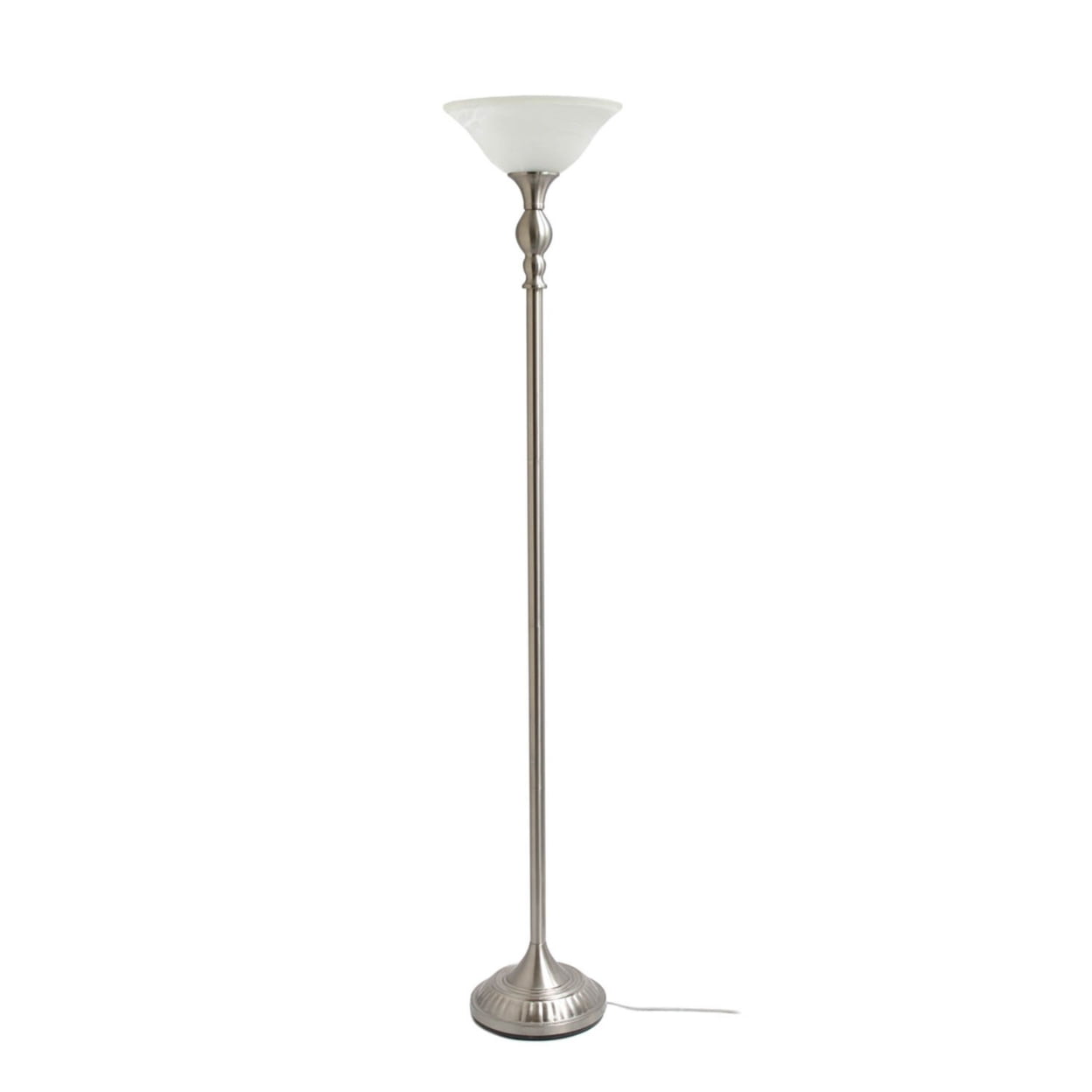Elegant Designs 1 Light Torchiere Floor Lamp with Marbleized White Glass Shade. Brushed Nickel