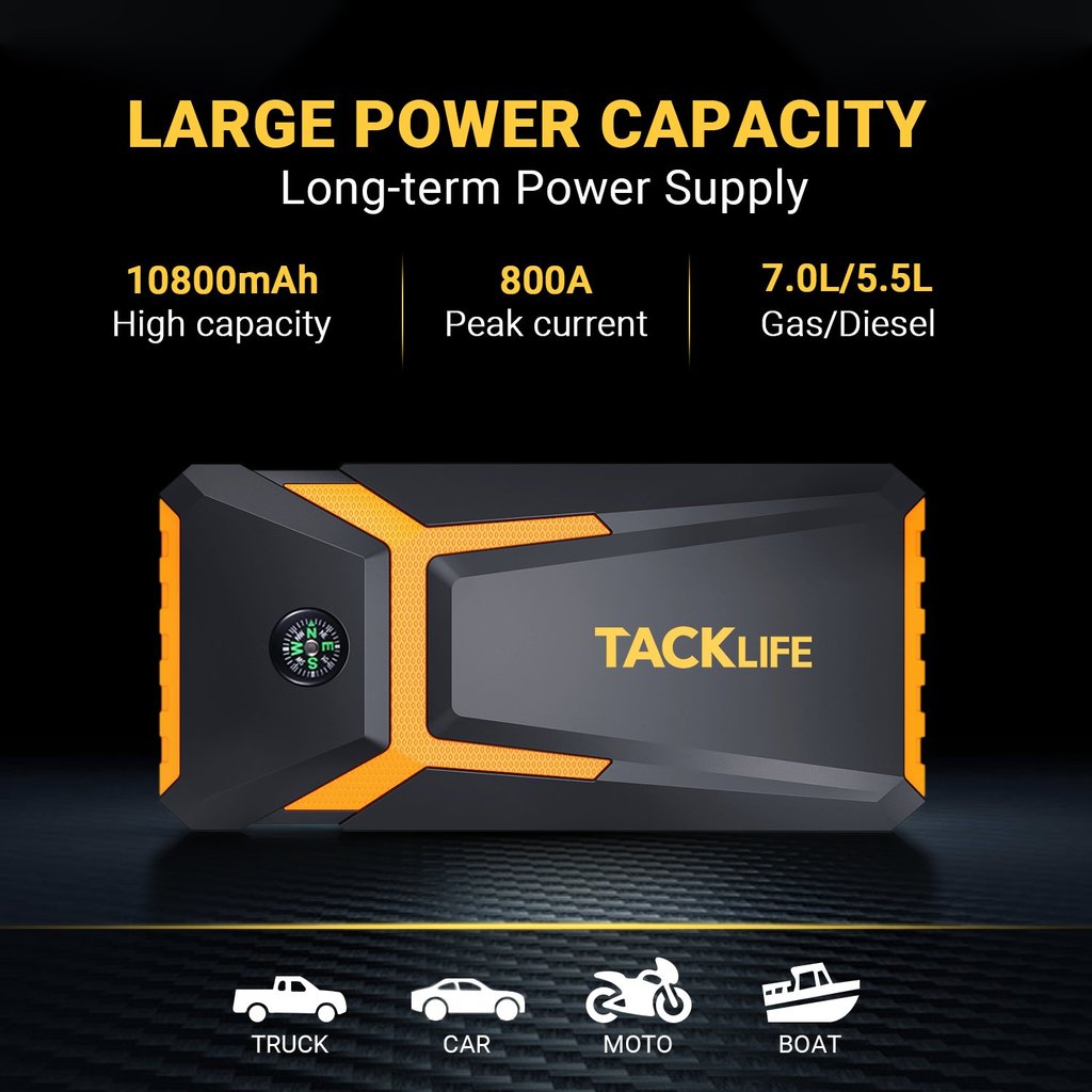TACKLIFE 800A Peak 18000mAh Car Jump Starter (up to 7.0L Gas. 5.5L Diesel Engine). 12V Auto Battery Booster | T8 Yellow