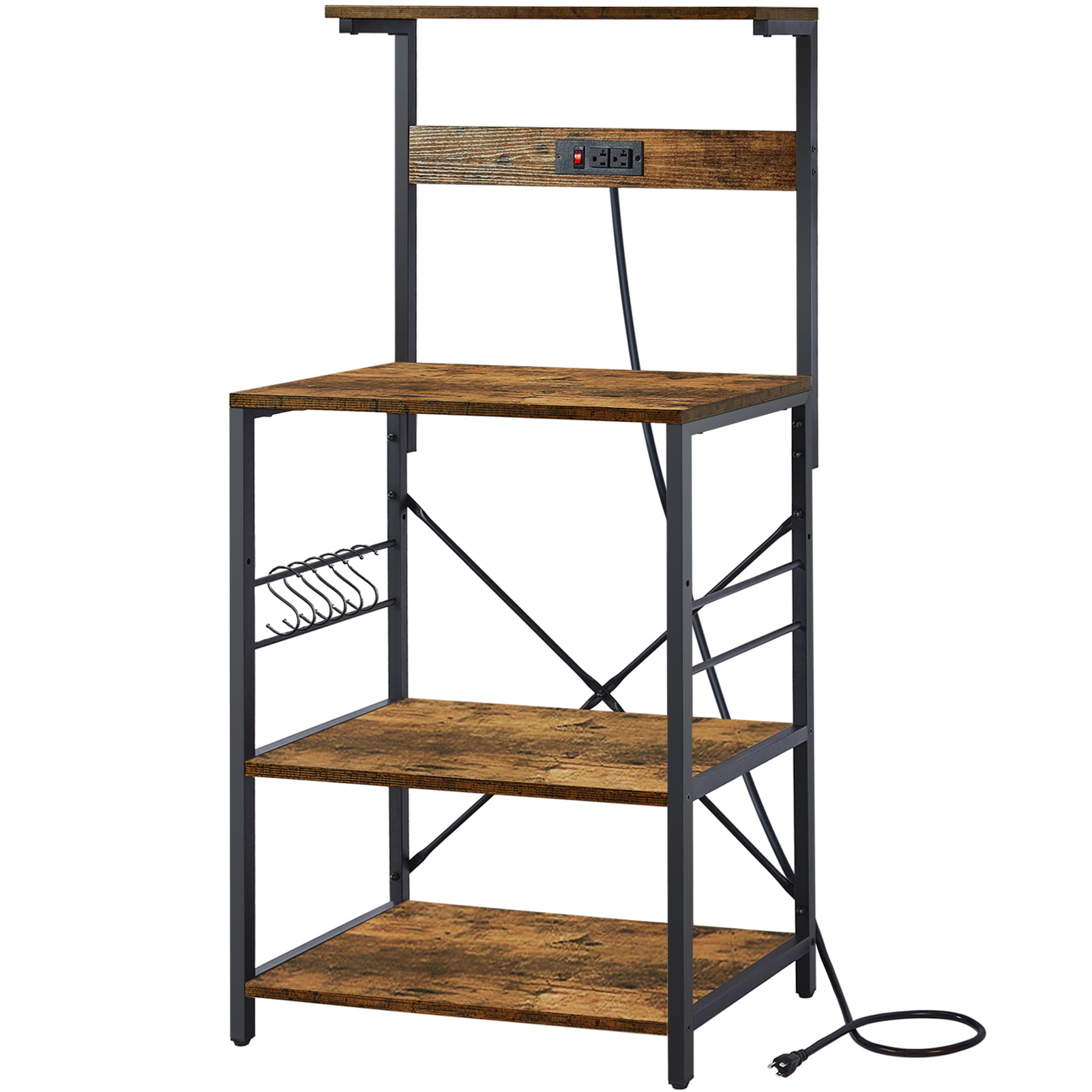 SUPERJARE Kitchen Bakers Rack with Power Outlet. Coffee Bar Table 4 Tiers. Kitchen Microwave Stand with 6 S-shaped Hooks. Kitchen Storage Shelf Rack for Spices. Pots and Pans. Vintage Brown