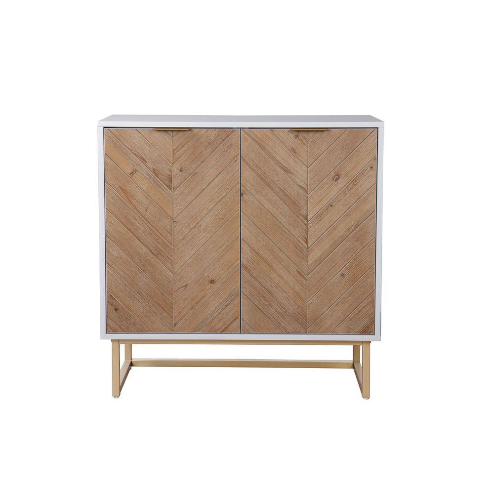 Nathan James  Enloe White Frame with Brown Rustic Doors and Gold Base Free Standing Modern Storage Cabinet for Entryway or Living Room
