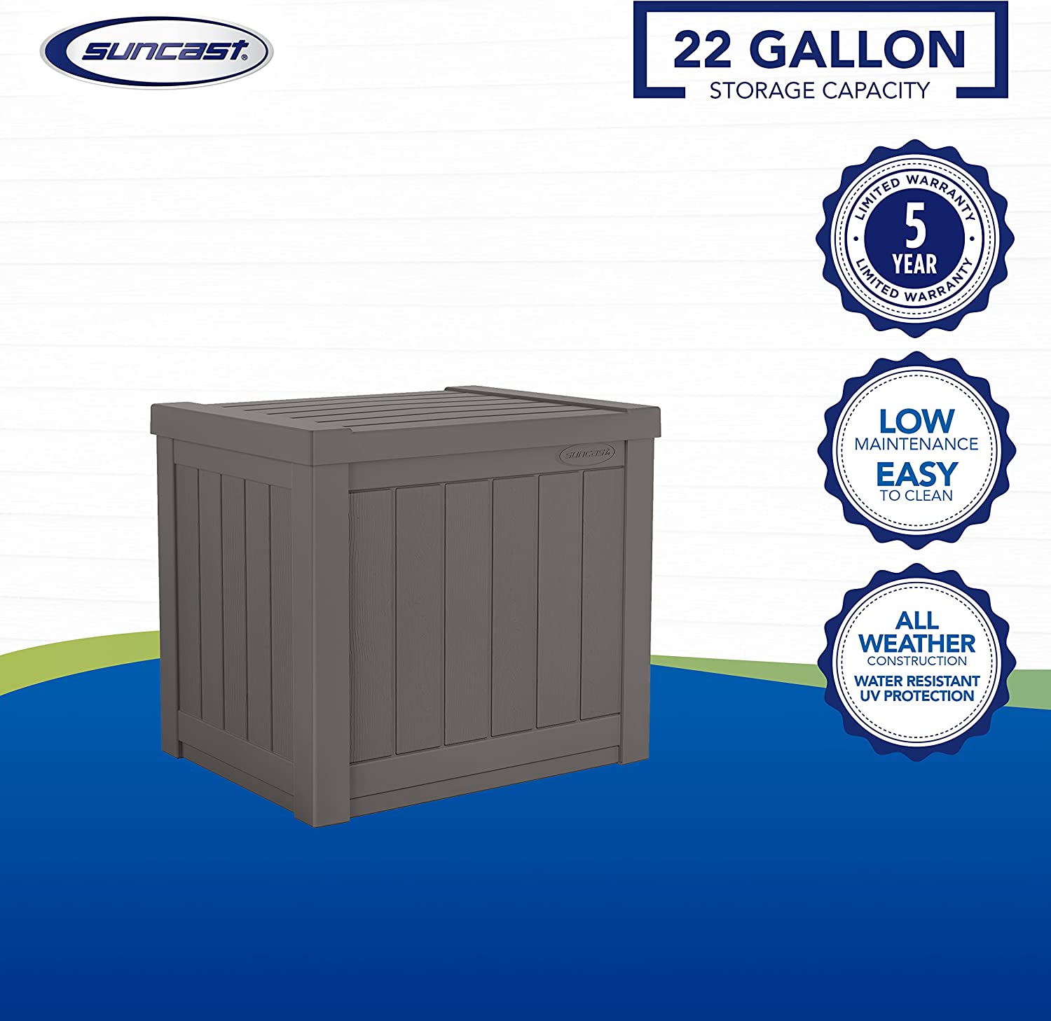 Suncast 22-Gallon Small Deck Box - Lightweight Resin Indoor/Outdoor Storage Container and Seat for Patio Cushions and Gardening Tools - Store Items on Patio. Garage. Yard - Stone Gray
