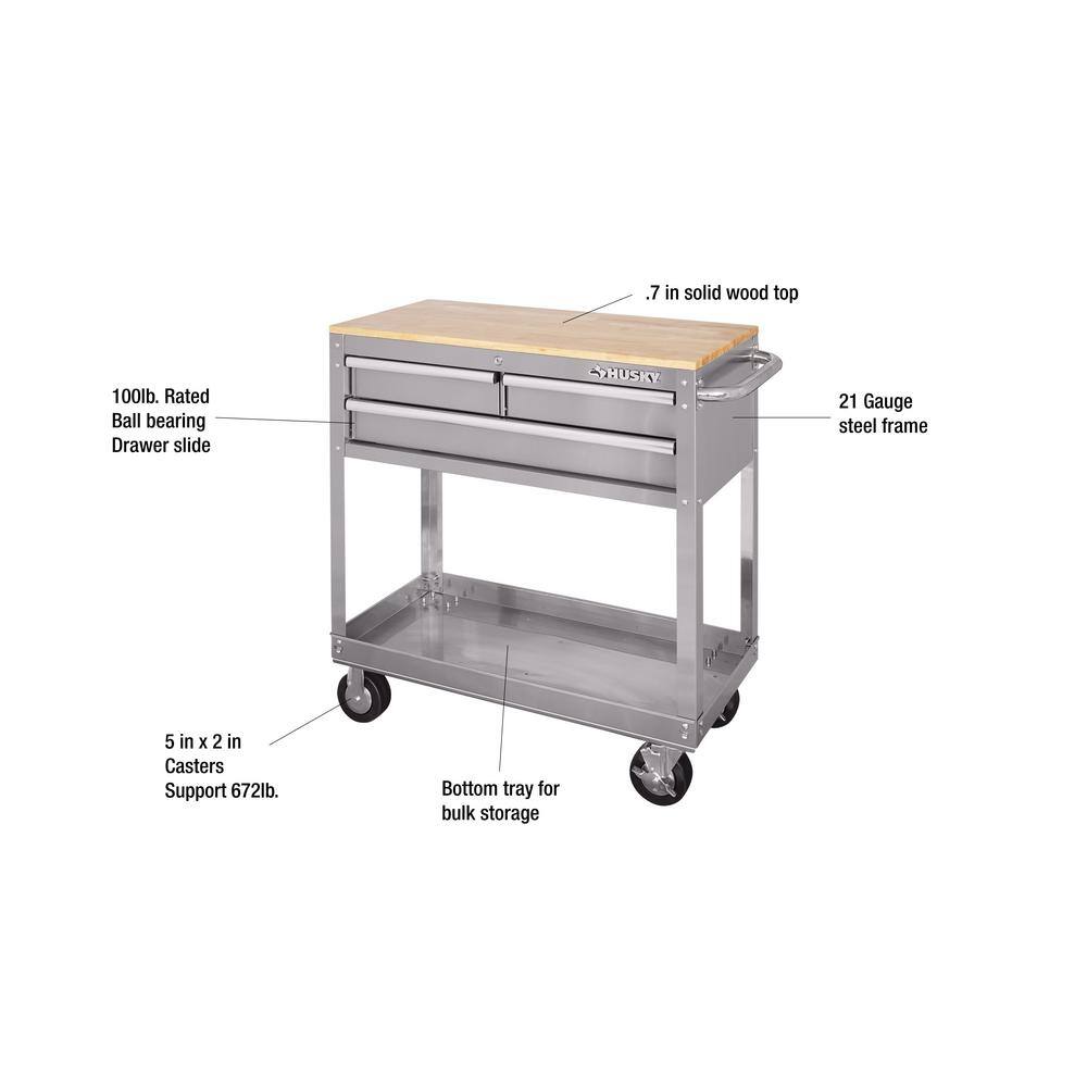 Husky HOUC3603BJX1 36 in. 3-Drawer with Solid Wood Top. Stainless Steel Utility Cart