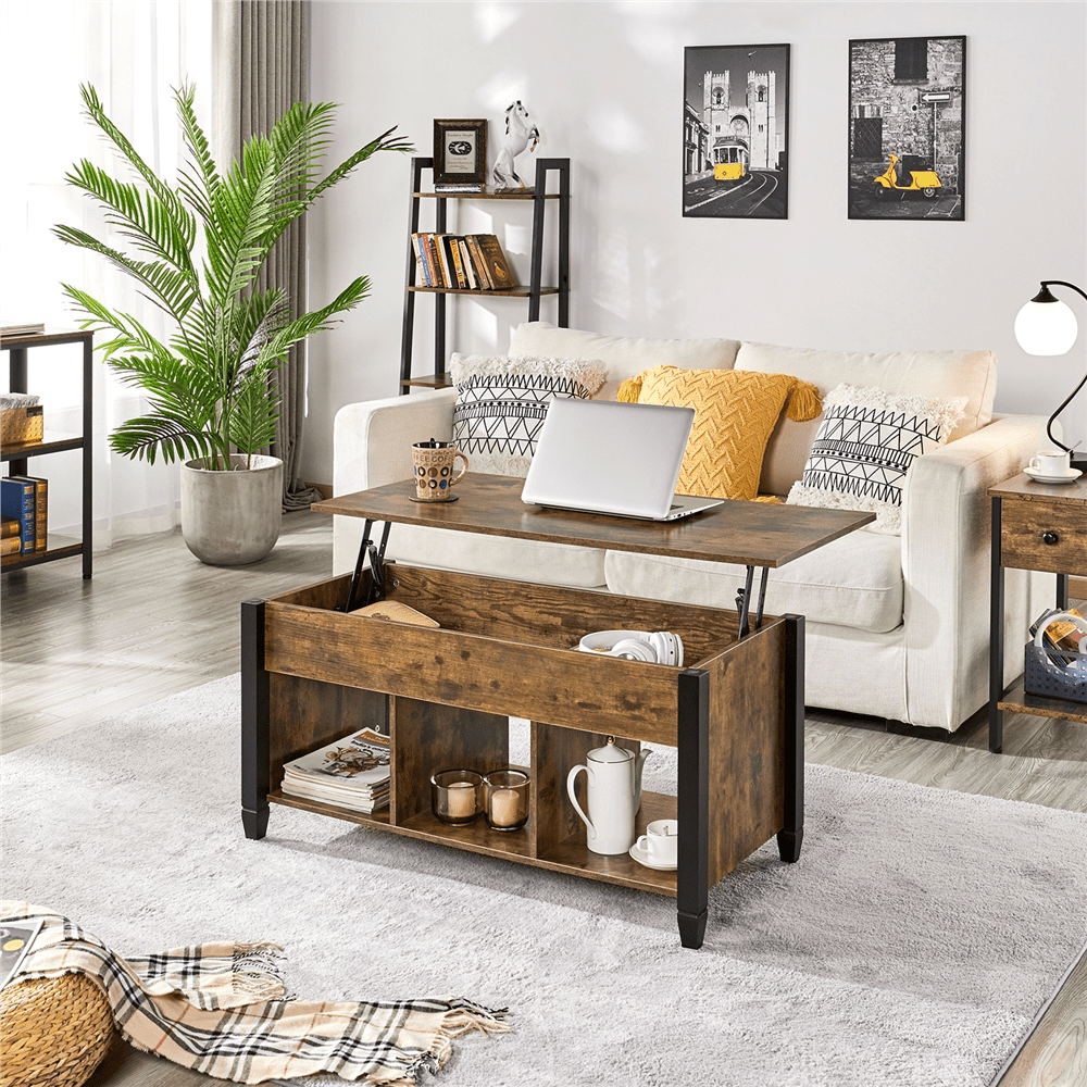 Alden Design 41″ Lift Top Coffee Table with 3 Storage Compartments. Rustic Brown