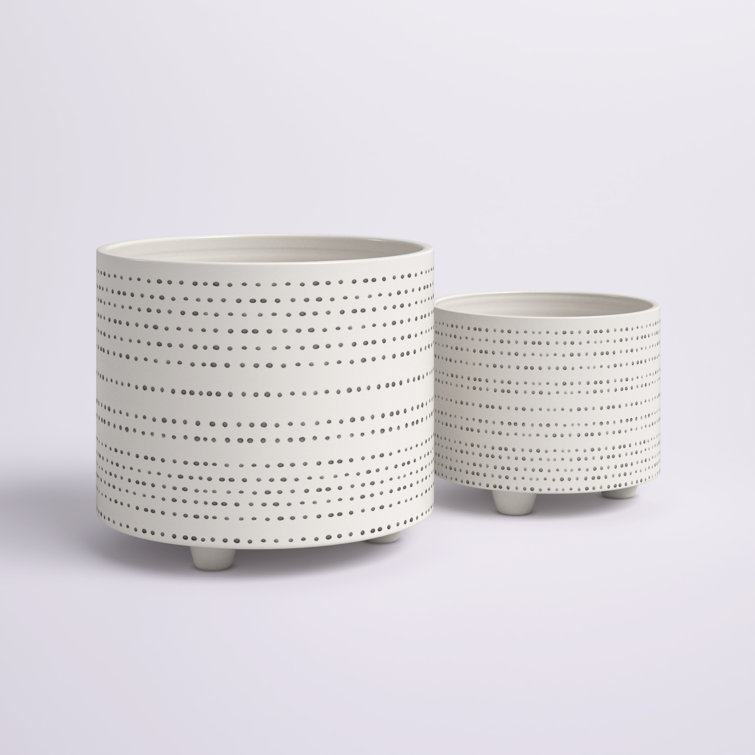 2 Piece Dotted Ceramic Footed Planters for Indoor Use. Beige Set