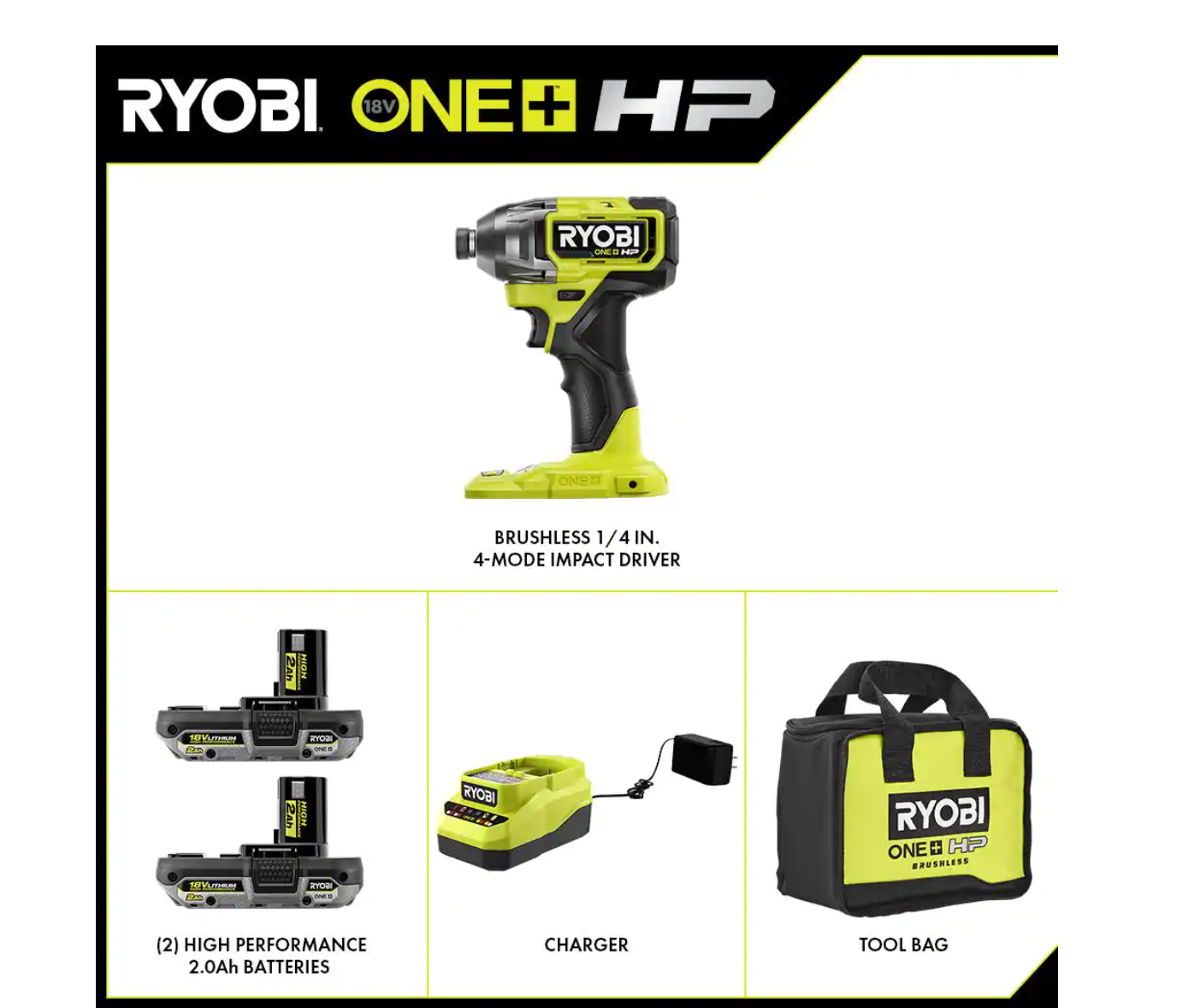 RYOBI PBLID02K ONE+ HP 18V Brushless Cordless 1/4 in. 4-Mode Impact Driver Kit w/(2) 2.0 Ah HIGH PERFORMANCE Battery. Charger. Bag