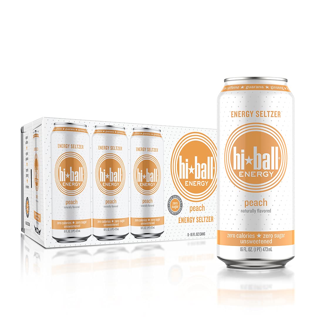 Hiball Energy Seltzer Water. Natural Energy Drink (16 Fl Oz Pack of 8). Peach