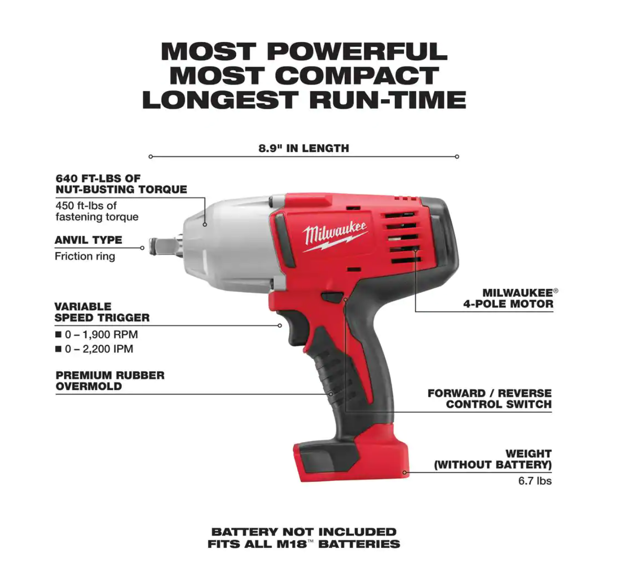 Milwaukee 2663-20 M18 18V Lithium-Ion Cordless 1/2 in. Impact Wrench W/ Friction Ring (Tool-Only)