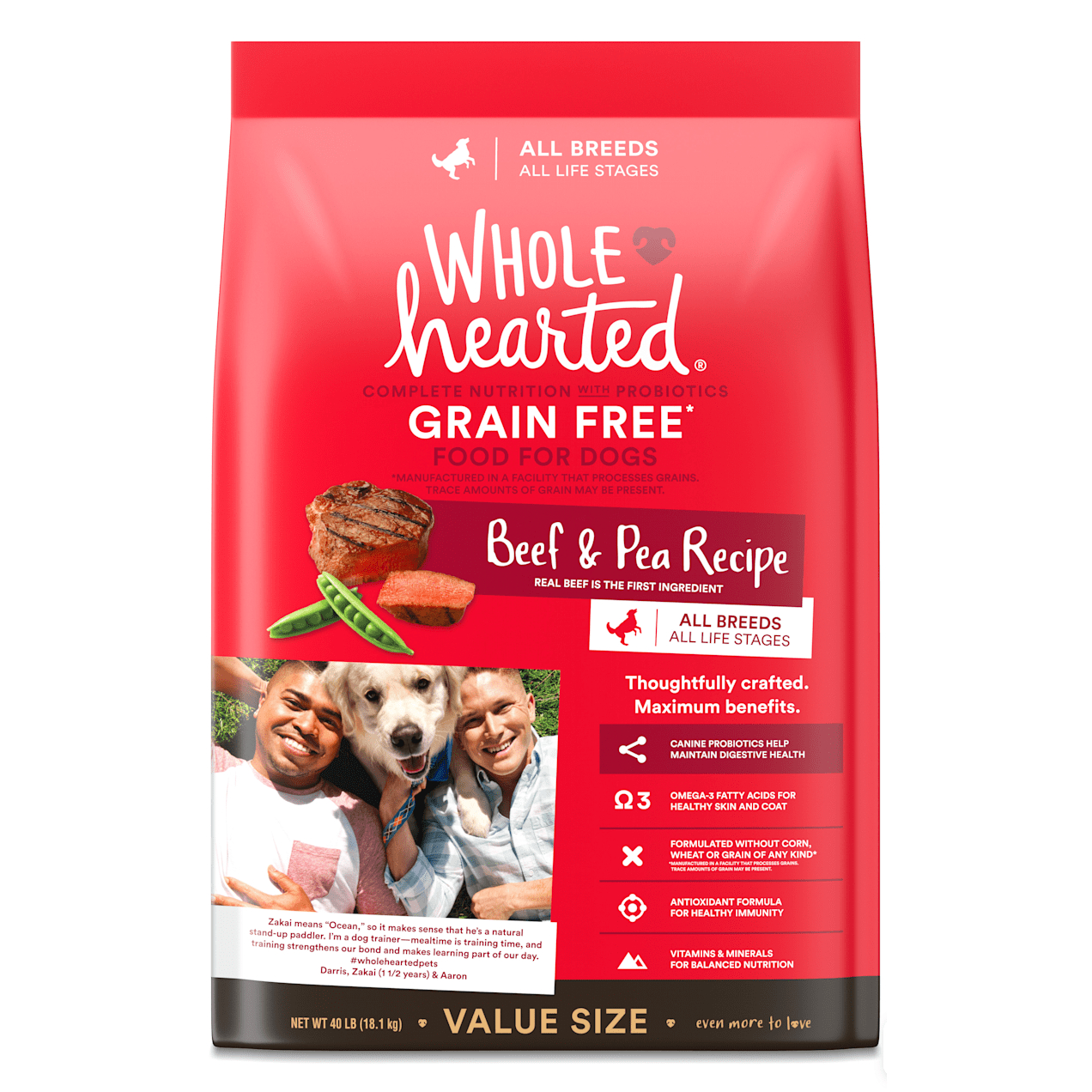 WholeHearted Grain Free All Life Stages Beef & Pea Formula Dry Dog Food. 40 lbs.