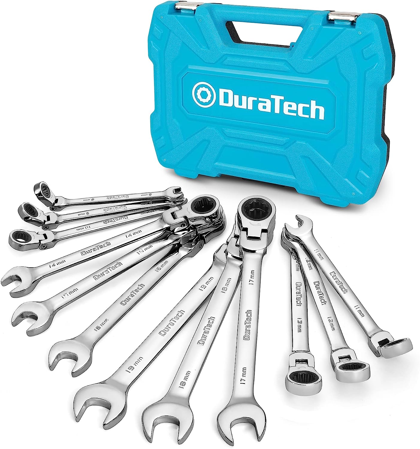 DURATECH 12-Piece Flex-Head Ratcheting Combination Wrench Set. 72-Tooth. Metric. 8-19mm. Cr-v Steel. Organized in Storage Case