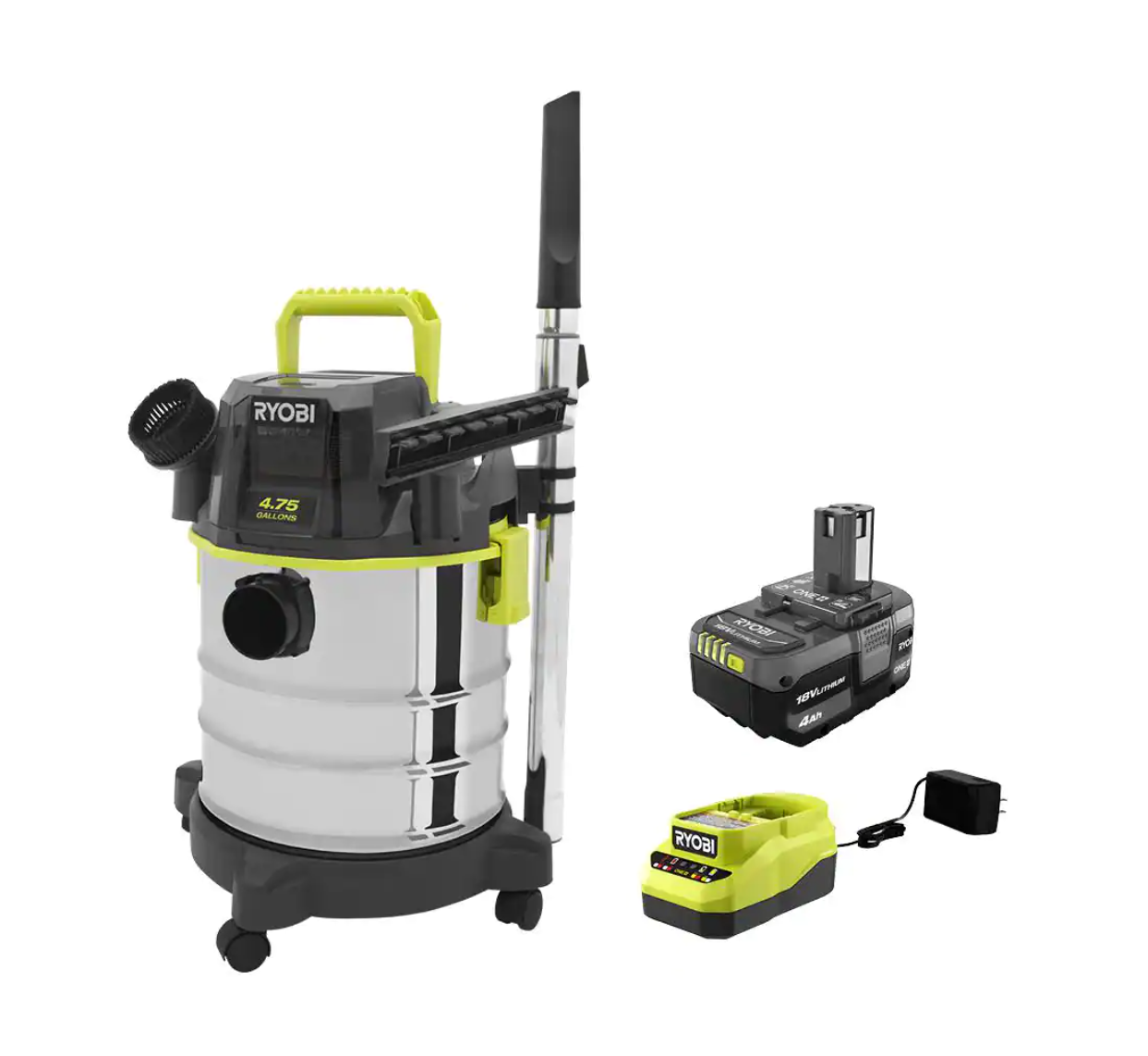 RYOBI PWV201KN ONE+ 18V Cordless 4.75 Gal. Wet/Dry Vacuum Kit with 4.0 Ah Battery and Charger