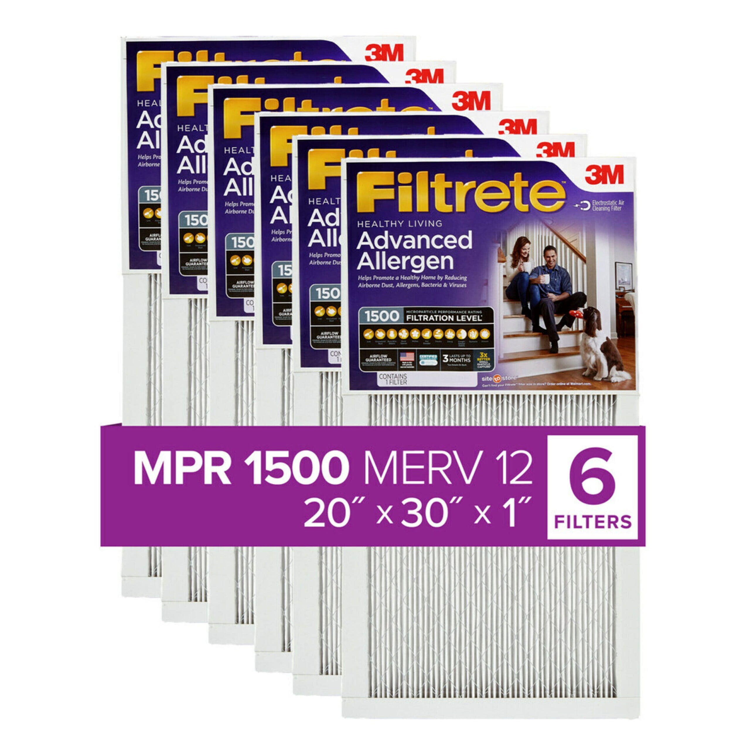 Filtrete by 3M 20x30x1. MERV 12. Advanced Allergen Reduction HVAC Furnace Air Filter. 1500 MPR. 6 Filters