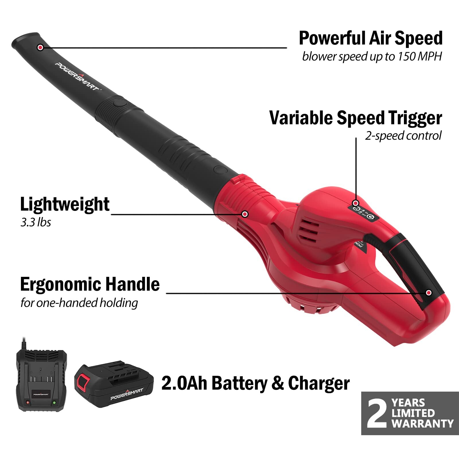 PowerSmart 20-volt 320-CFM 150-MPH Battery Handheld Leaf Blower 2 Ah (Battery and Charger Included)