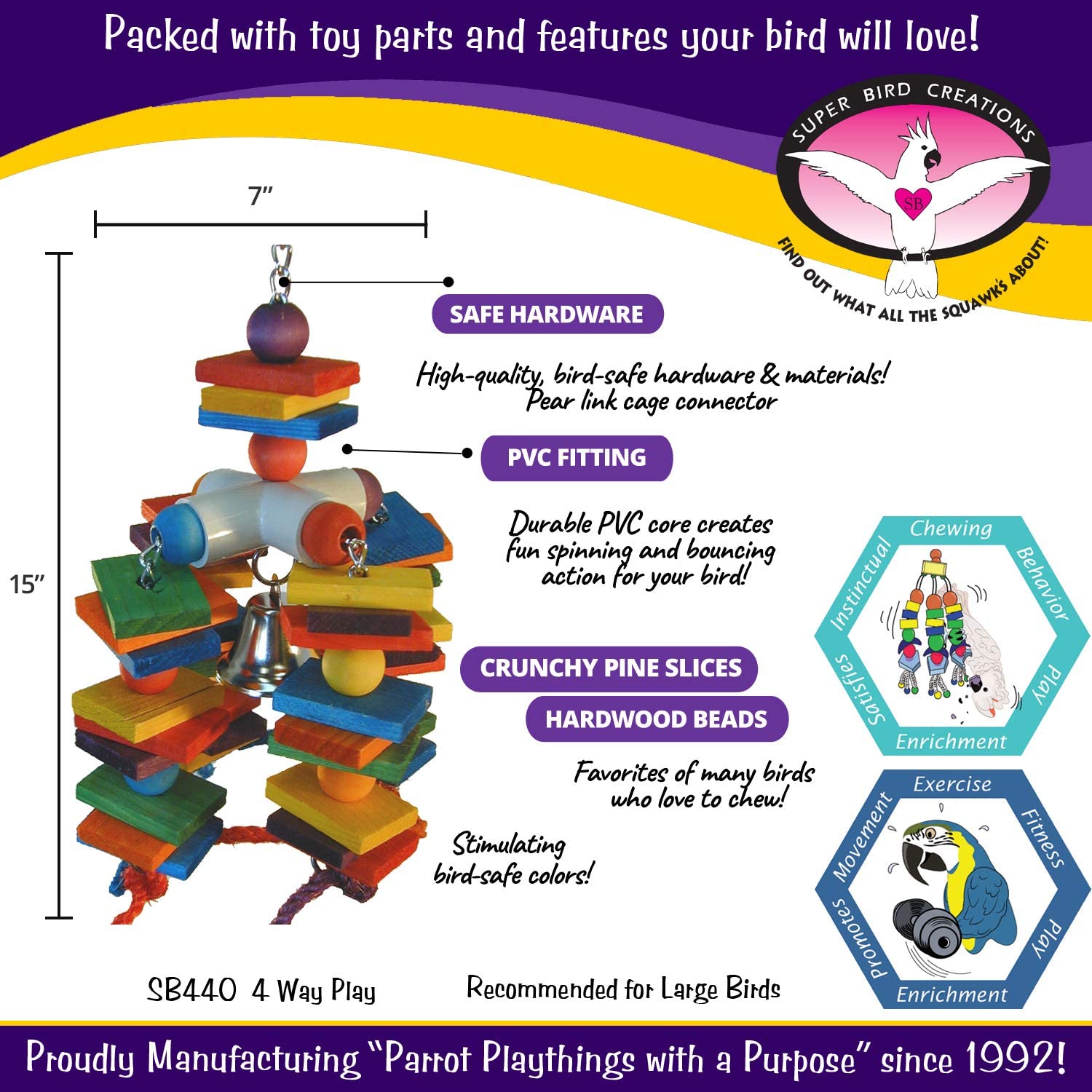 Super Bird Creations SB440 4 Way Play Bird Toy with Colorful Wooden Blocks & Ringing Bell. Large Bird Size. 15 x 7 x 7