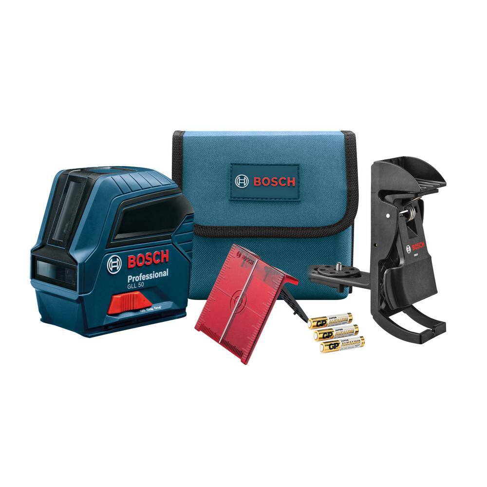Bosch GLL 50 50 ft. Cross Line Laser Level Self Leveling with VisiMax Technology. L-Bracket Adjustable Mount and Hard Carrying Case