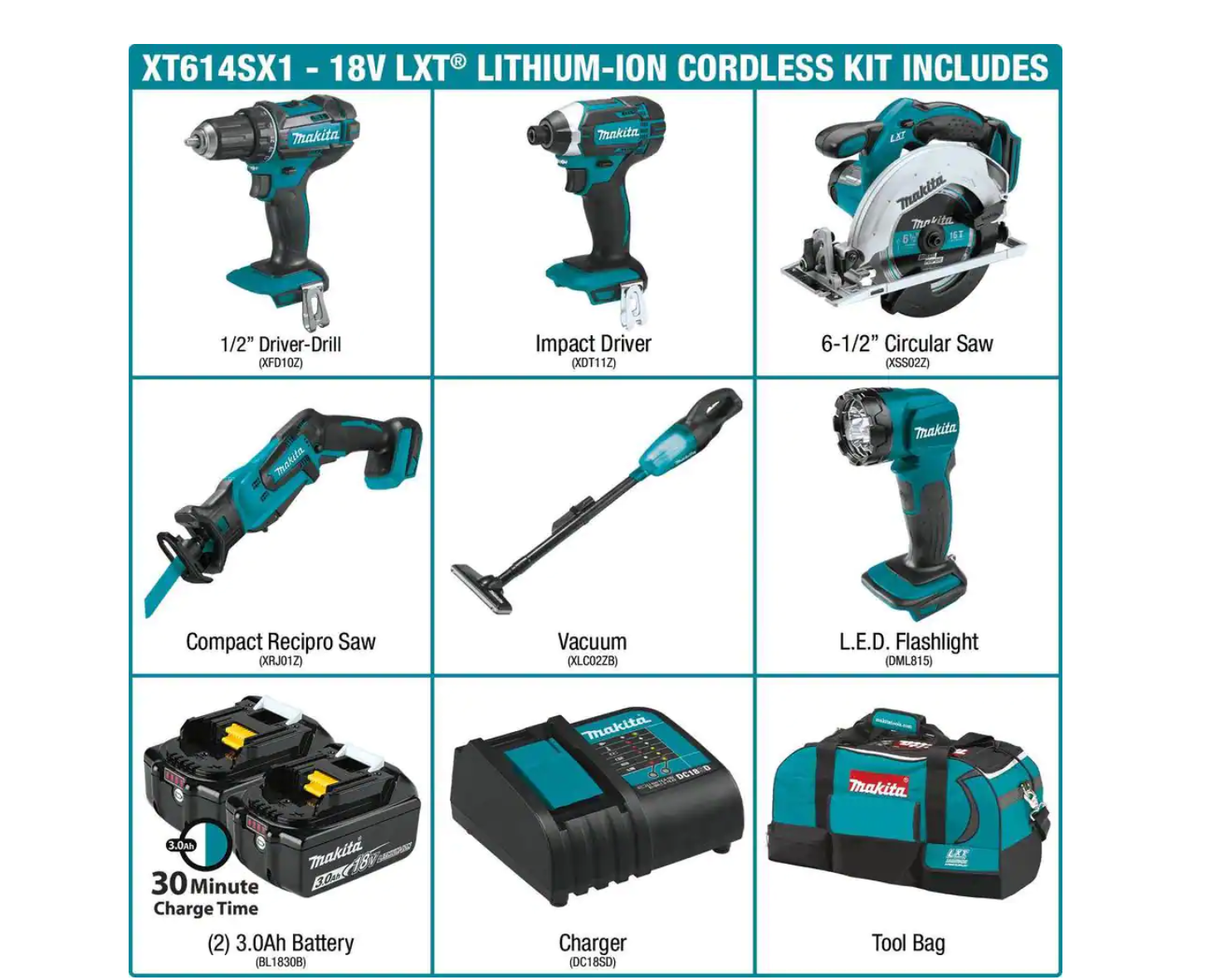 Makita XT614SX1 18V Lithium-Ion Cordless 6-Piece Kit (Drill-Driver/ Impact Driver/ Circular Saw/ Recipro Saw/ Vacuum/ Light) 3.0Ah
