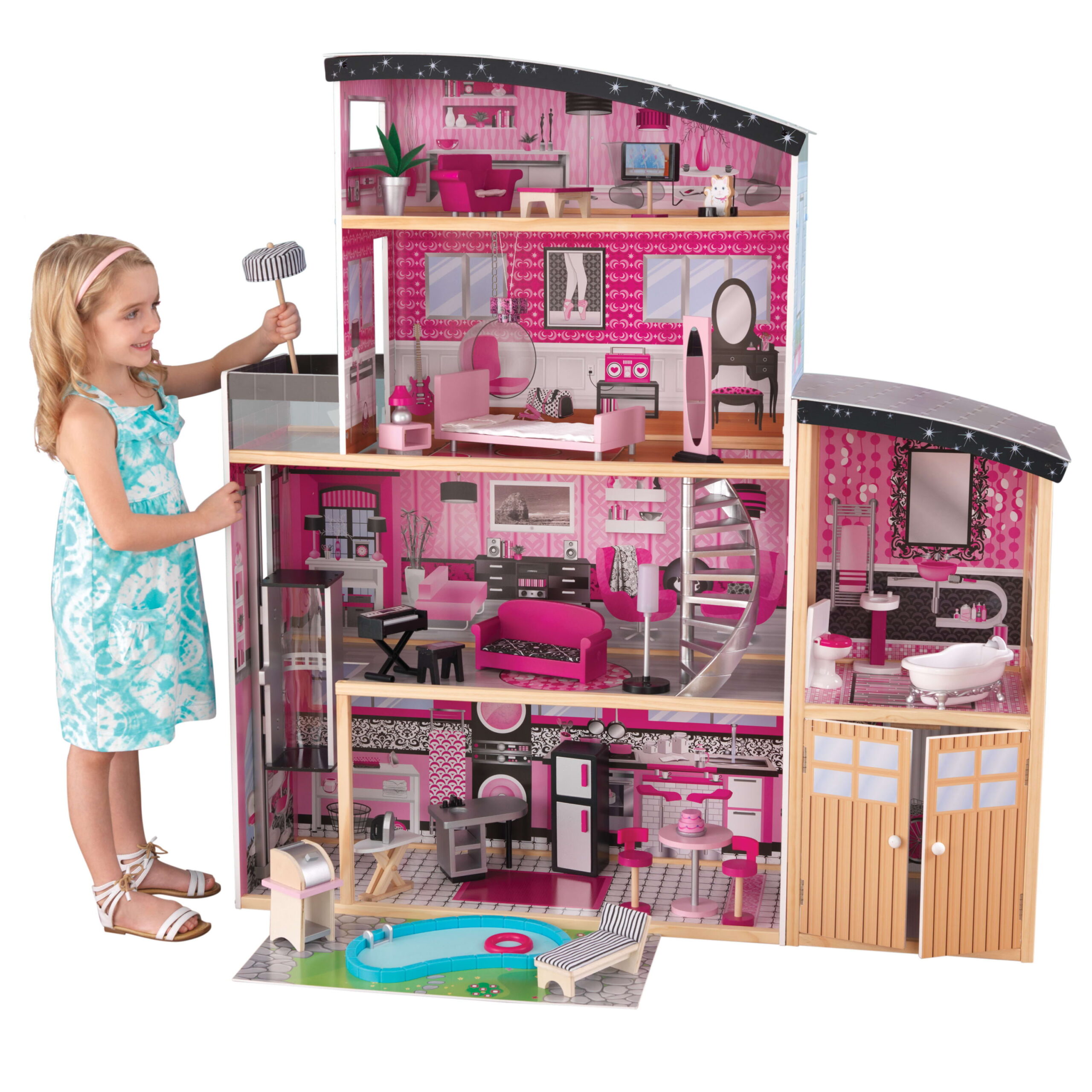 KidKraft Sparkle Mansion Wooden Dollhouse with Lights & Sounds and 30 Accessories. Pink
