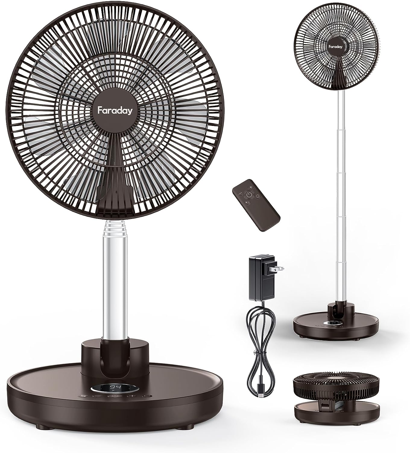 FARADAY Oscillating Standing Fan 12″ Foldable Portable Quiet Floor Fan 12000mAh Rechargeable Pedestal Fan with Remote. Timer Setting. Height Adjustable Foldaway Fan for Bedroom Home Office. 6 Speed