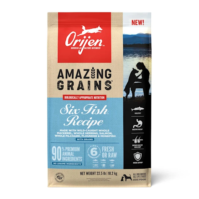 ORIJEN Amazing Grains Six Fish High Protein Dry Dog Food. 4 Pound & 22.5 Pound.