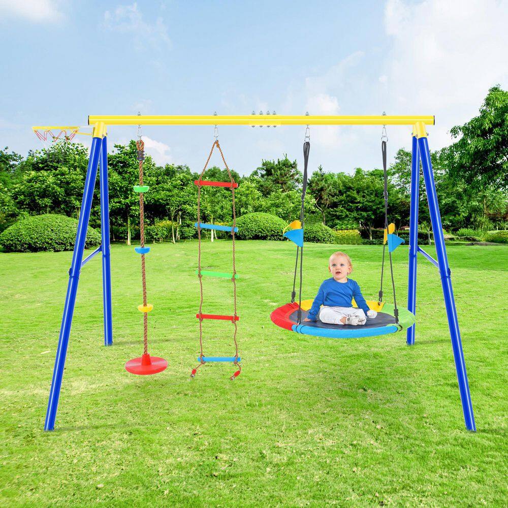 TIRAMISUBEST MSXY296182AAA 4 in 1 Outdoor Swing Set with Climbing Ladder and Basketball Hoop for Kids