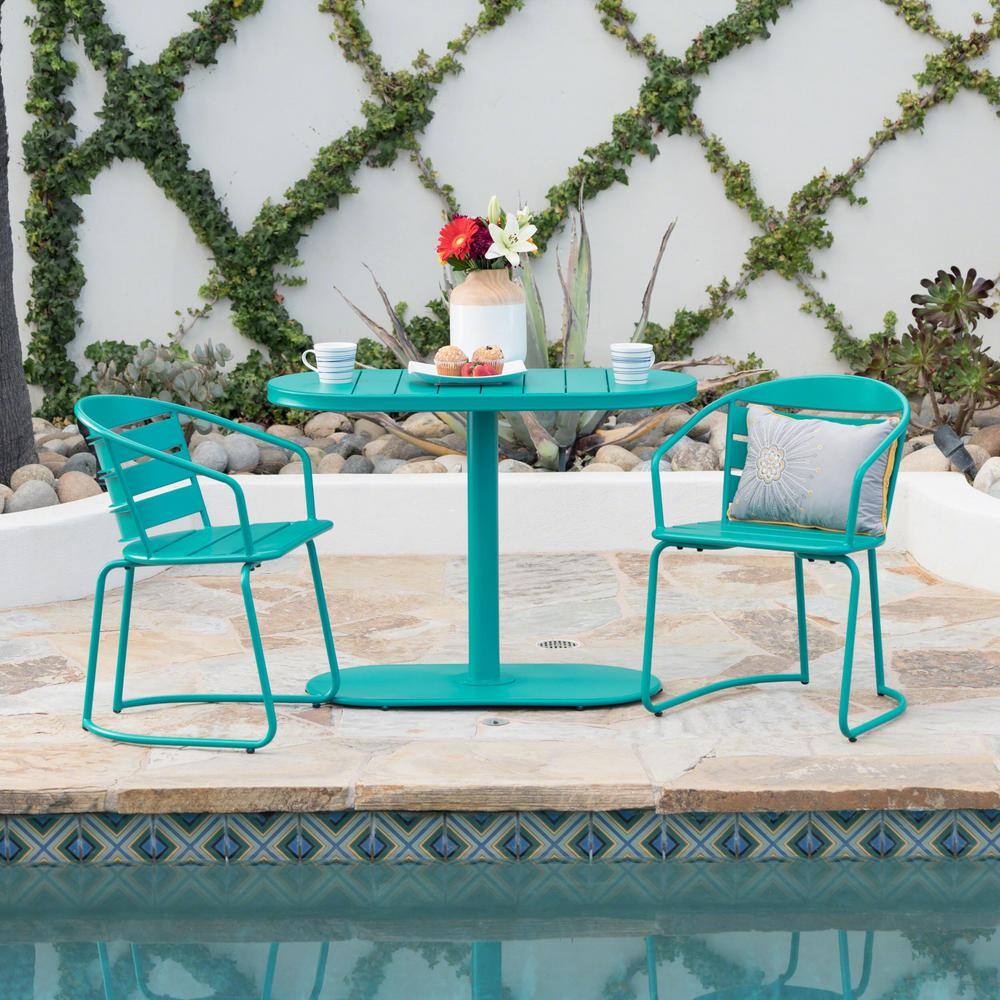 Noble House  Matte Teal 3-Piece Metal Oval Outdoor Bistro Set