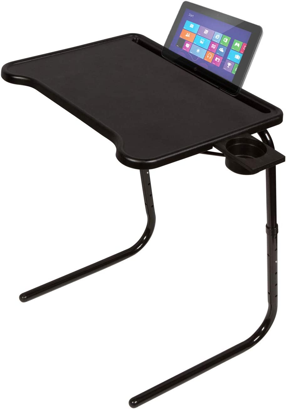 Table-Mate Ultra Folding TV Tray Table and Cup Holder. Adjustable to 6 Heights and 3 Angles with Device Holder (Black)
