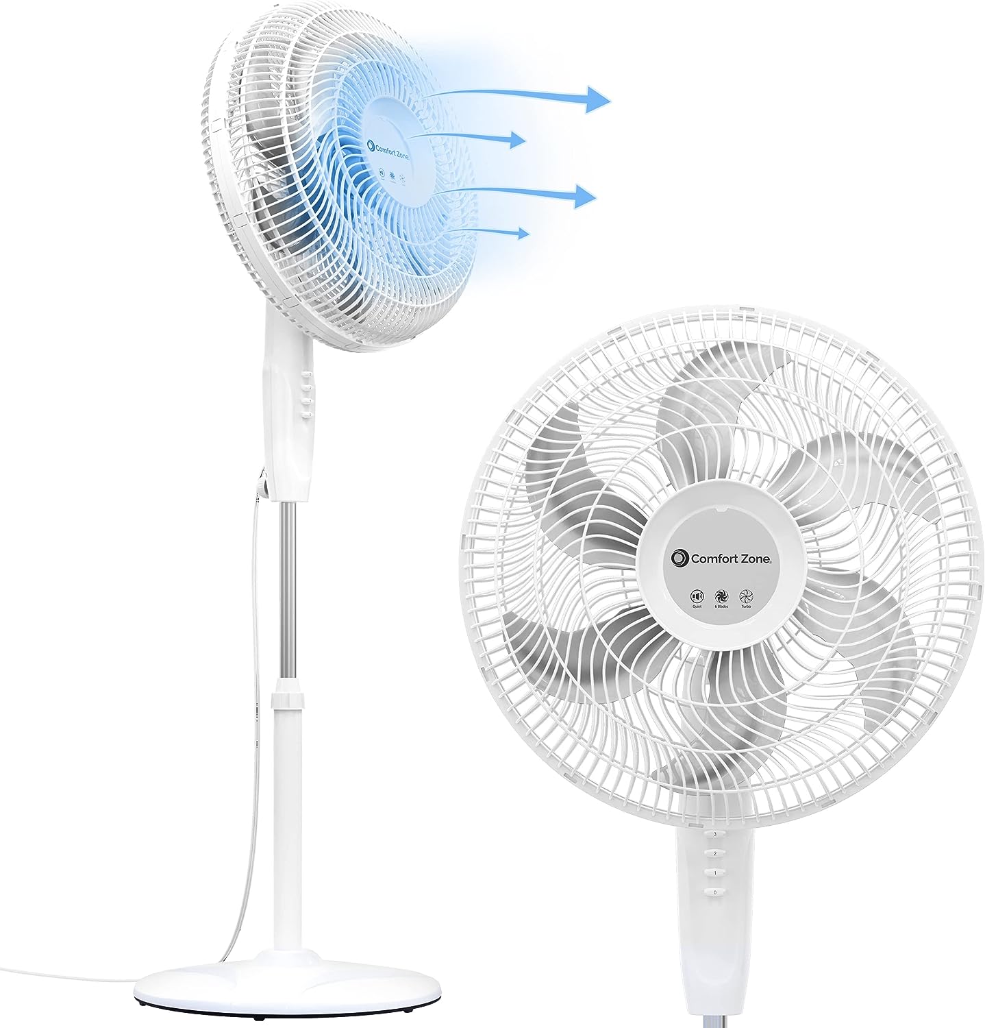 Comfort Zone PowrCurve CZST180WS 18″ Stand Fan - 6 Blades. Tri-Curve Grill for Less Noise - 180° Adjustable Tilt. 3-Speed Button Control. White/Silver