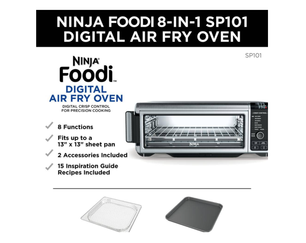 NINJA SP101 Stainless Steel Foodi Digital Air Fry Oven. Convection Oven. Toaster. Air Fryer. Flip-Away for Storage