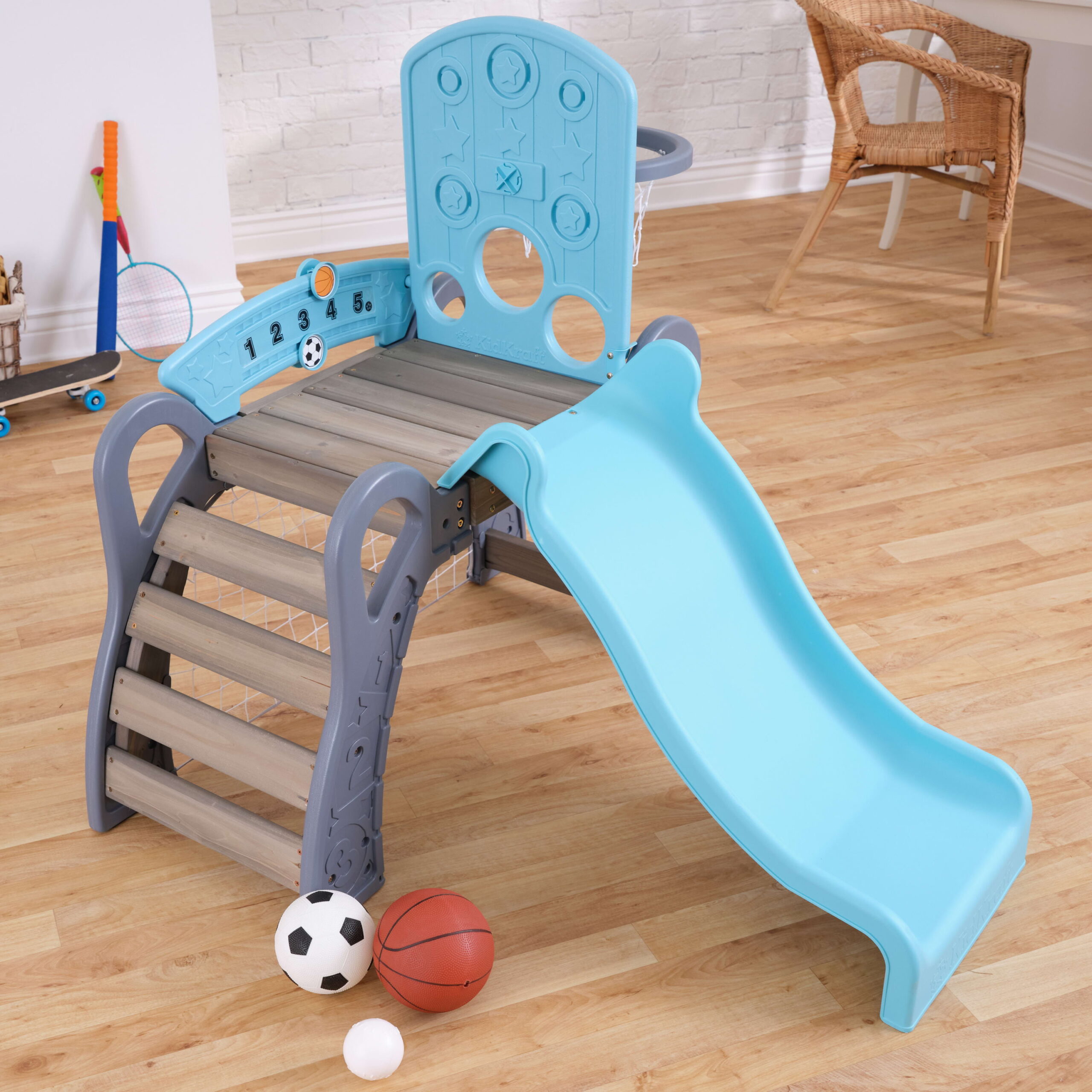 KidKraft 5-in-1 Toddler Sports Climber with Soccer Goal. Basketball Hoop. Baseball Toss and 3 Balls