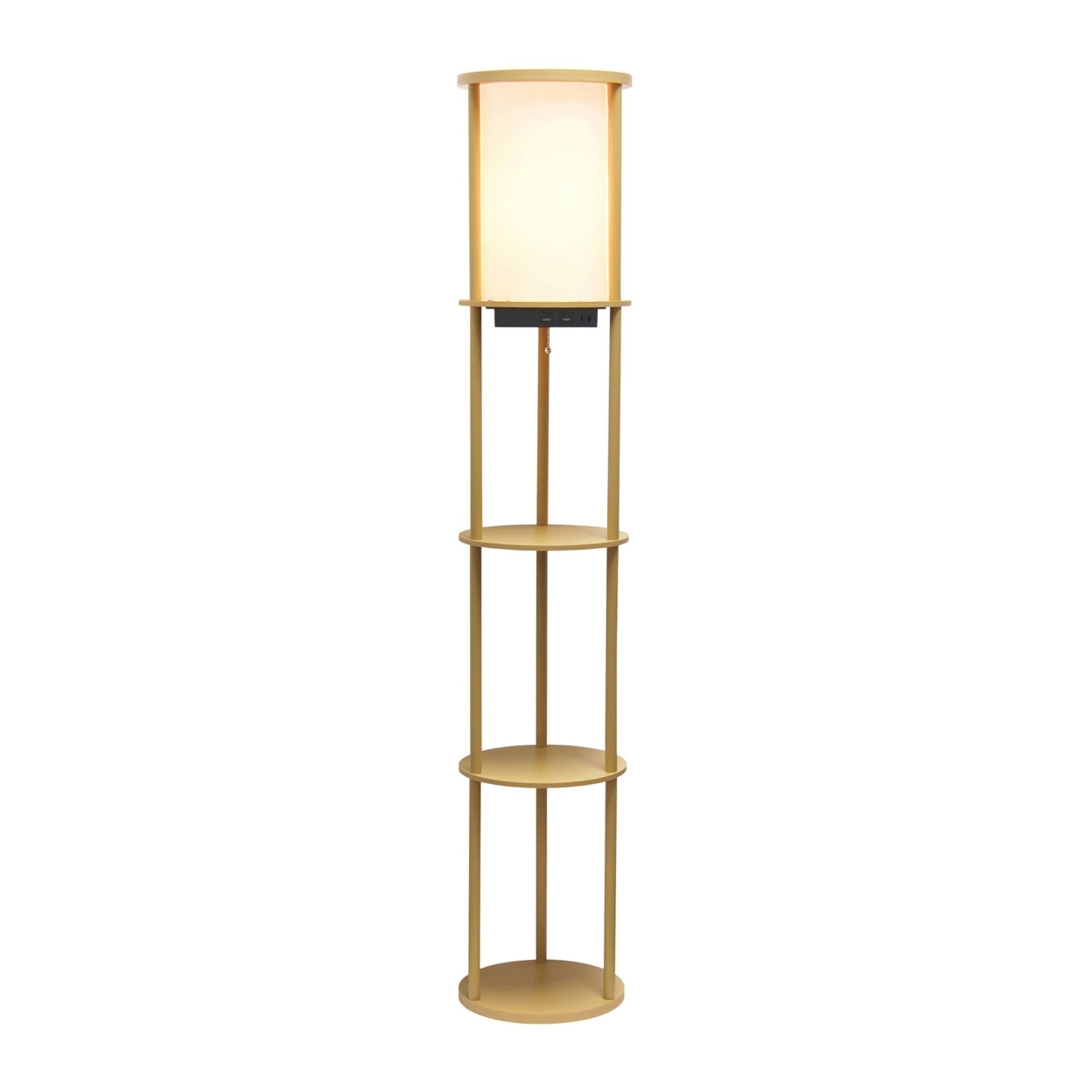 Simple Designs 62.5″ Round Modern Shelf Etagere Organizer Storage Floor Lamp With 2 Usb Charging Ports. Tan