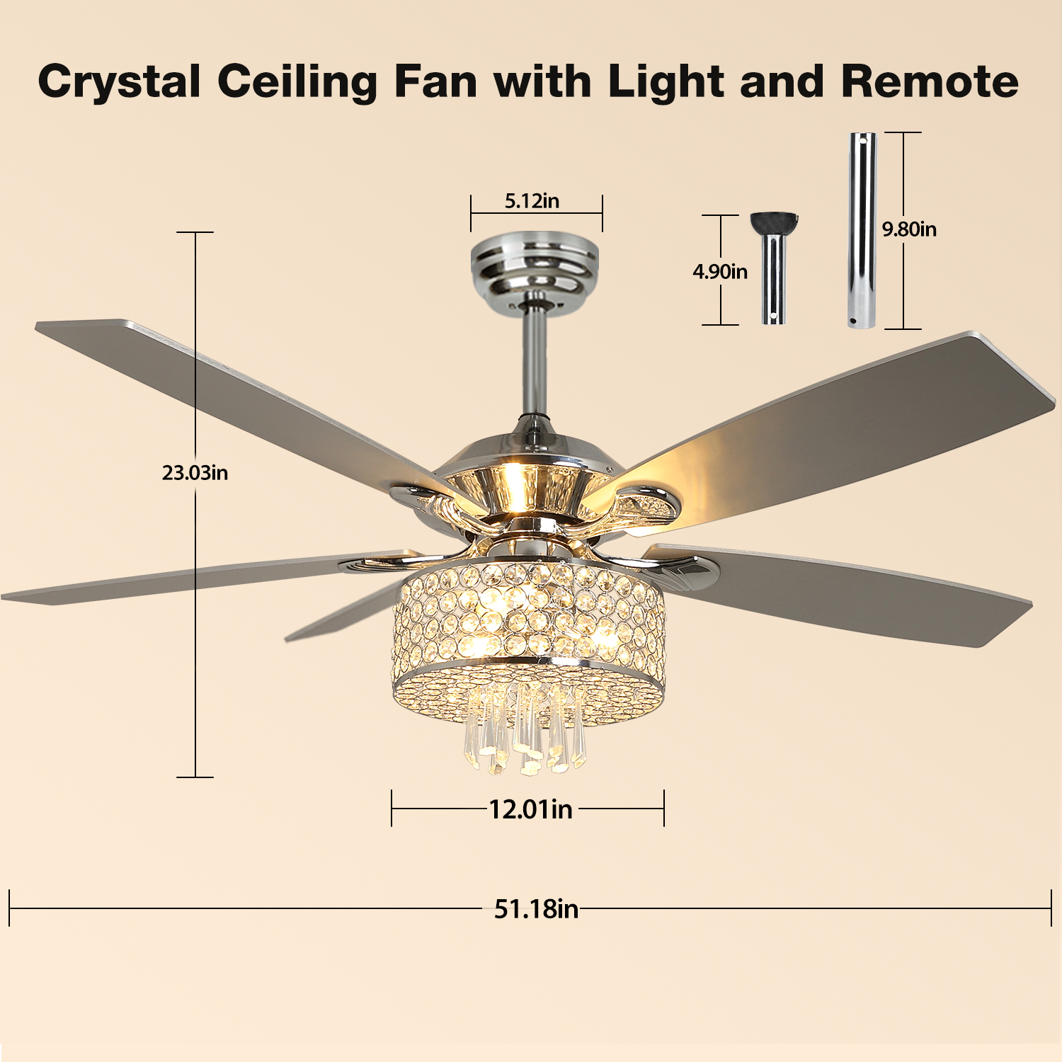 Depuley 52″ Remote Crystal Ceiling Fan with Lights. Modern Chandelier Chrome Ceiling Fans with 5 Reversible Wood Blades. 3-Speed Timing