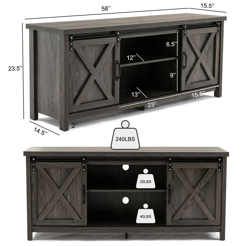 Yaoping 58″ Farmhouse Sliding Barn Door TV Stand for TVs up to 65″ Television Cabinet(Dark gray). Wood. Metal
