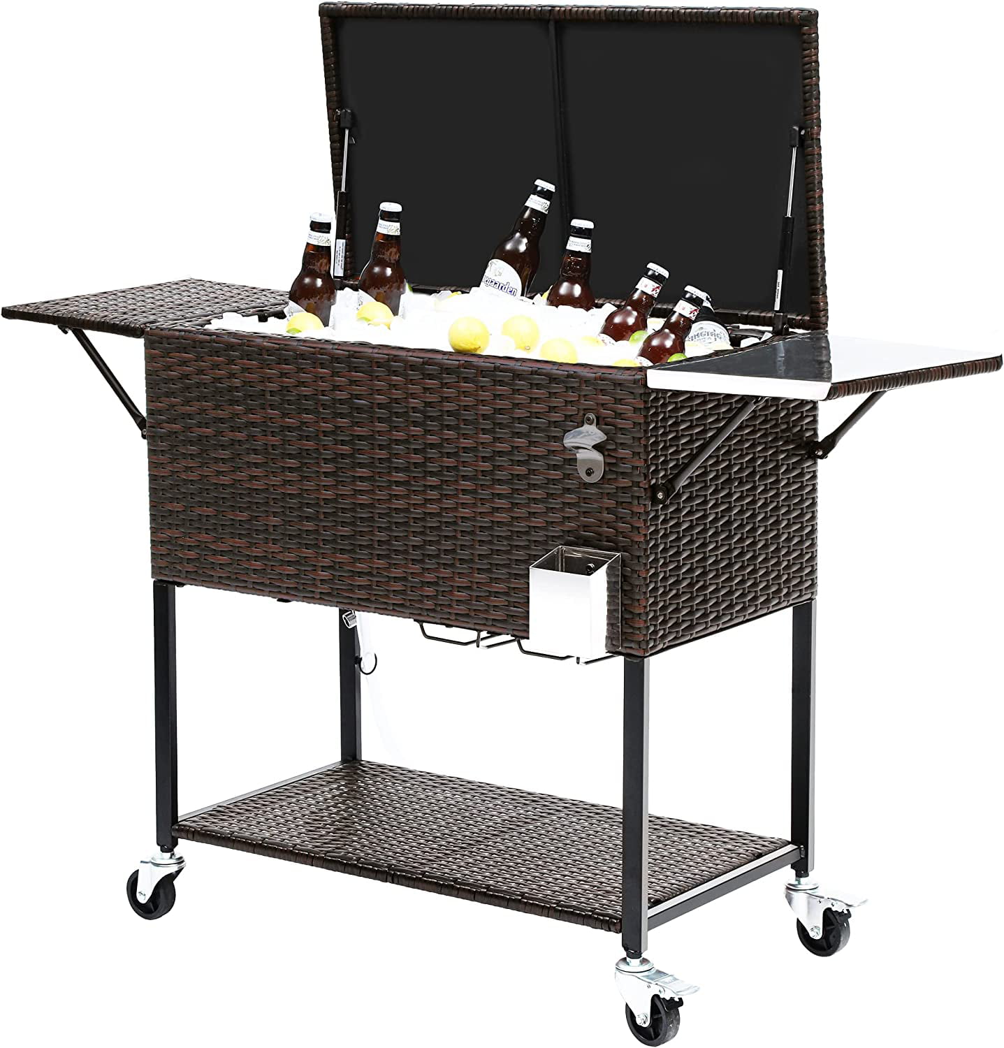 YITAHOME 80 Quart Wicker Rolling Cooler Cart with Bottle Opener Drainage. Portable Patio Cooler Rolling on Wheels. Outdoor Rolling Beverage Cart Drink Cooler for Patio Pool Deck Party Cookouts. Brown