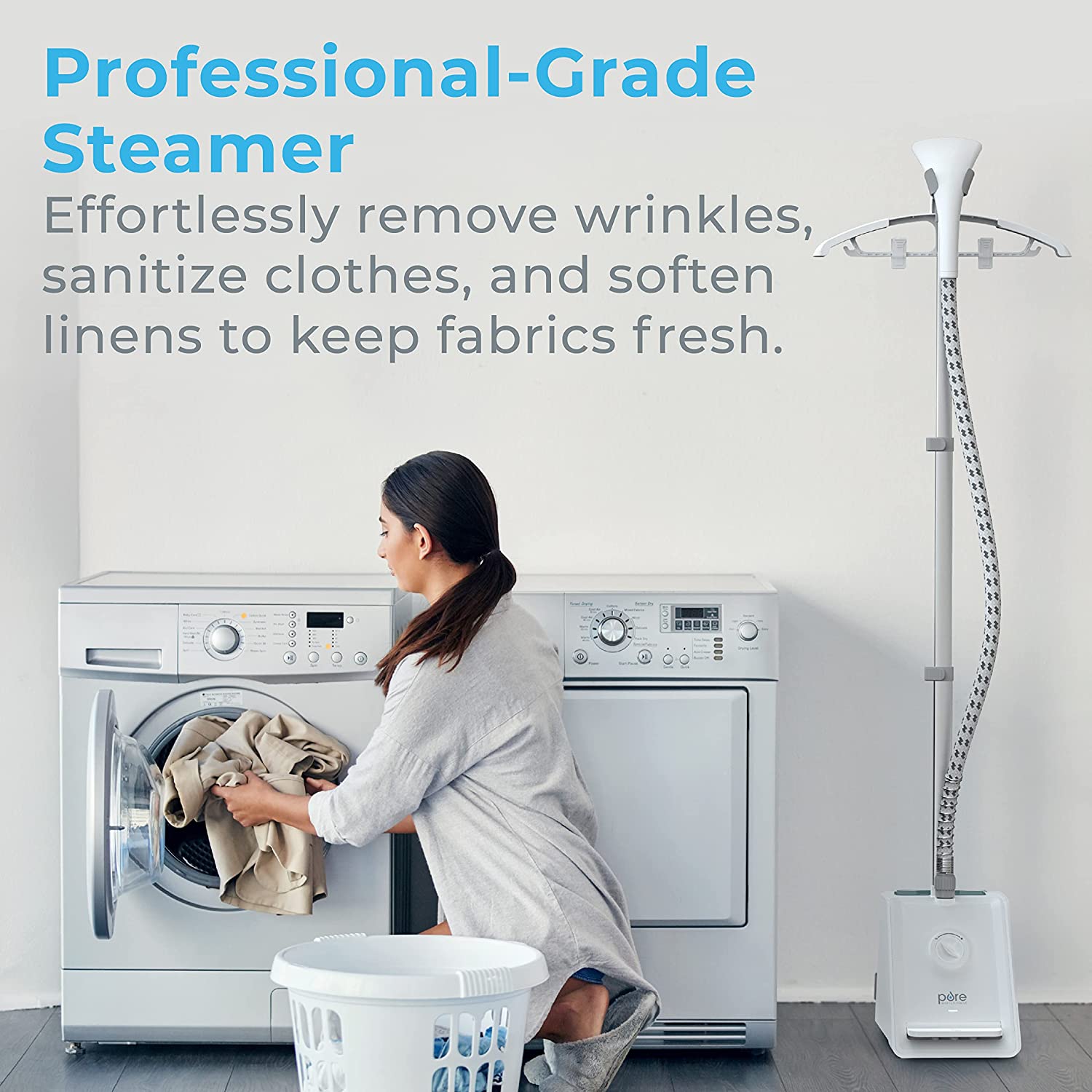 Pure Enrichment PureSteam Pro Upright Clothes Steamer - Half Gallon Tank Heats in 45 Seconds. 1 Hr of Continuous Sanitizing Steam at 4 Heat Levels & Foot Pedal - Bonus Garment Hanger + Fabric Brush