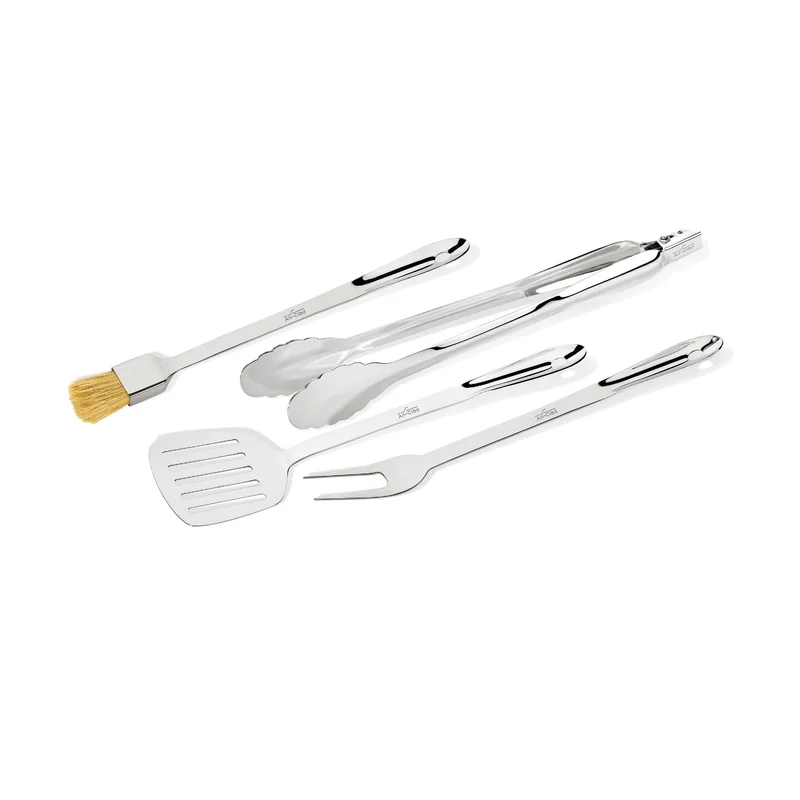 All Clad K127S464 BBQ Tool Set. Grill Accessories. 4 Pieces: Fork. Brush. Locking Tongs and Turner. Stainless Steel. Silver