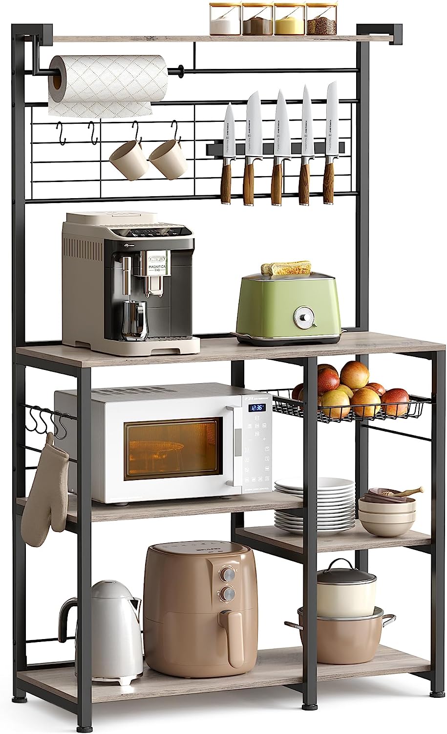 VASAGLE Bakers Rack with Magnetic Knife Holder. Paper Holder. Wire Basket. 8 Hooks. Organizers and Storage. Baker-s Rack with Wire Basket. Greige and Black UKKS026B02